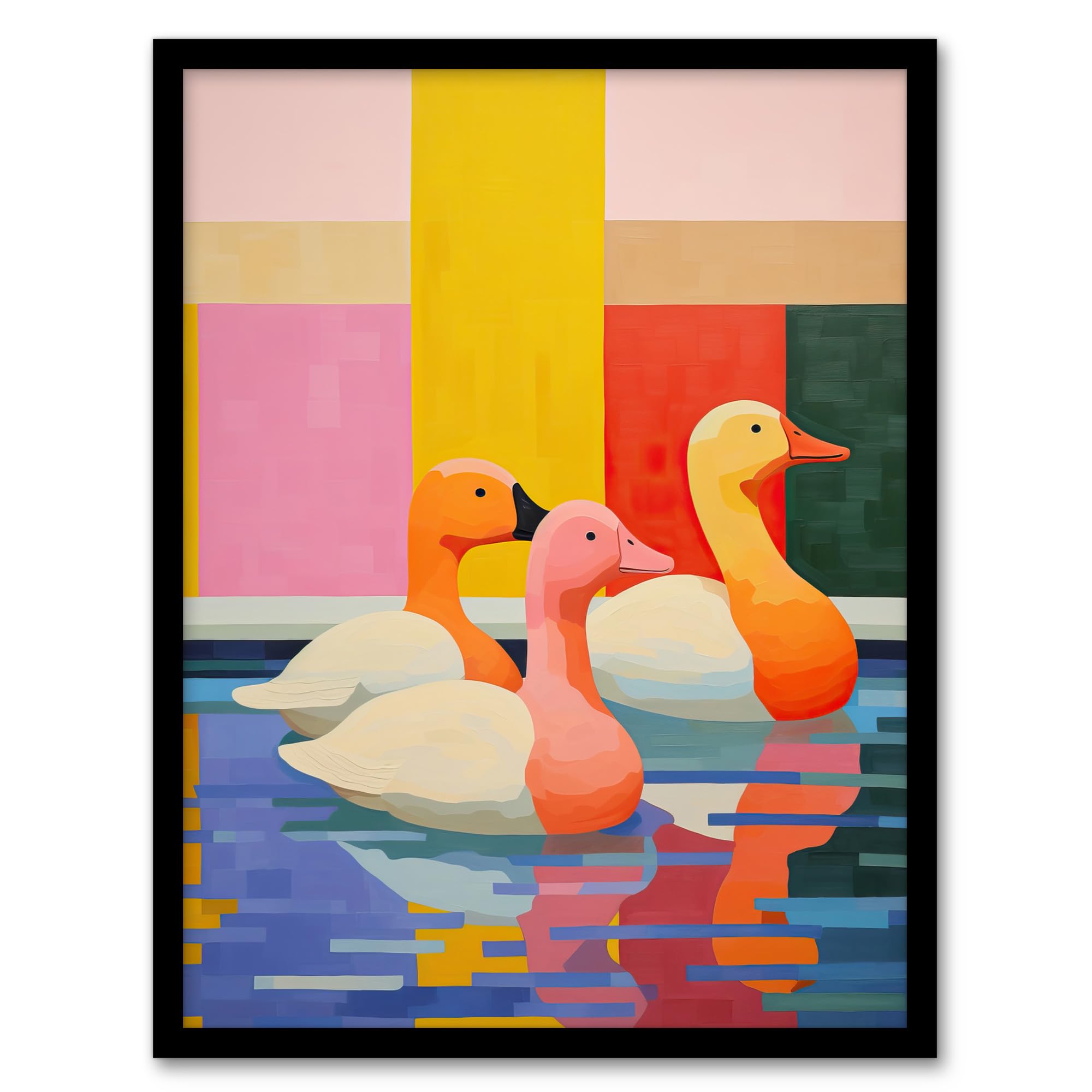 Wee Blue Coo Chameleon Ducks Swimming Vibrant Geometric Pattern Oil Painting Artwork Framed Wall Art Print A4