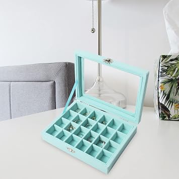 Nideen 24 Grids Earring Storage Organiser, Velvet Jewellery Box Earring Box, Jewellery Storage Display Box for Rings, Earrings, Charms, Pendants, Blue