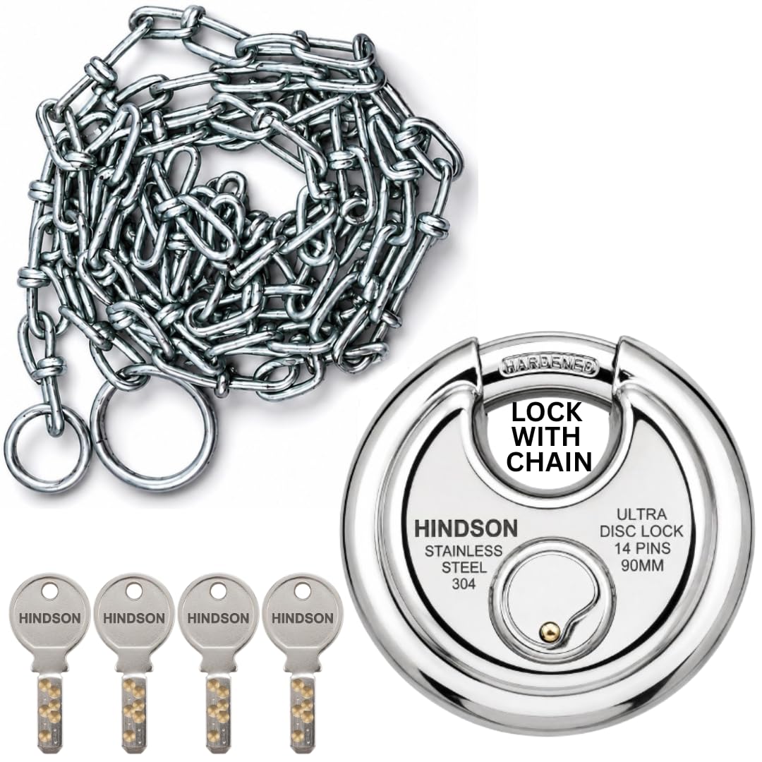 3 Feet Strong Iron Chain with HINDSON Disc 90mm Shutter Lock with 4 Brass Keys, Heavy Duty Chain Lock for Gate, Cycle, Bike, Motorcycle & Shutter Security, Hardened Shackle, Strong Security Lock-picture-21