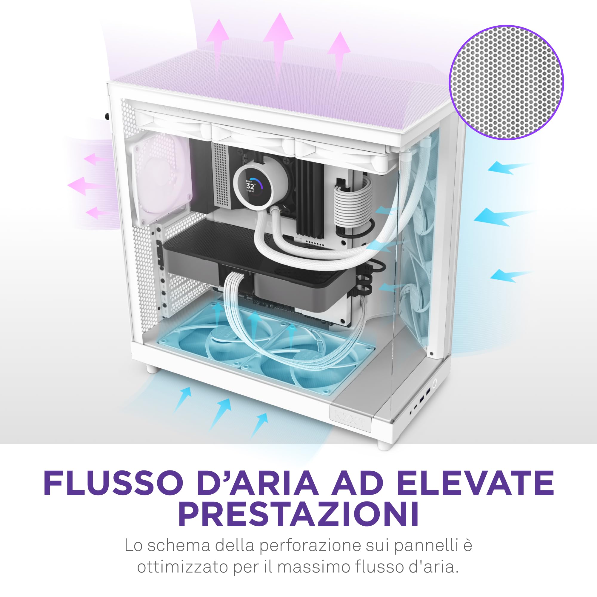 NZXT H6 Flow, CC-H61FW-01, Case Mid-Tower Compatto a Doppia Camera con Flusso d'Aria, Pannelli in Vetro Panoramico, Flusso d'Aria ad Alte Prestazioni, Include 3 Ventole da 120 mm, Bianco