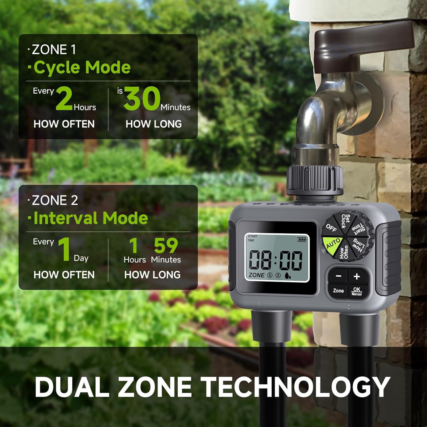 Dsoon Water Timer for Garden Hose, 2 Zone Smart Sprinkler Timer with Rain Delay,Dual-Zone Water Time|Rain Sensor+Manual/Automatic Modes|2025 Waterproof Upgrade|Dual-Program Irrigation System
