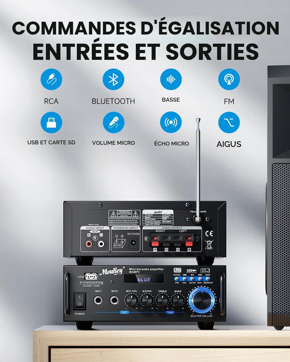 Moukey Amplificateur Audio 2.0 Canaux, Amplificateur Stéréo Bluetooth 5.0 100W, Amplificateur HiFi, Radio FM Portable, Entrée Carte SD/USB, pour Voiture ou Maison, MAMP3