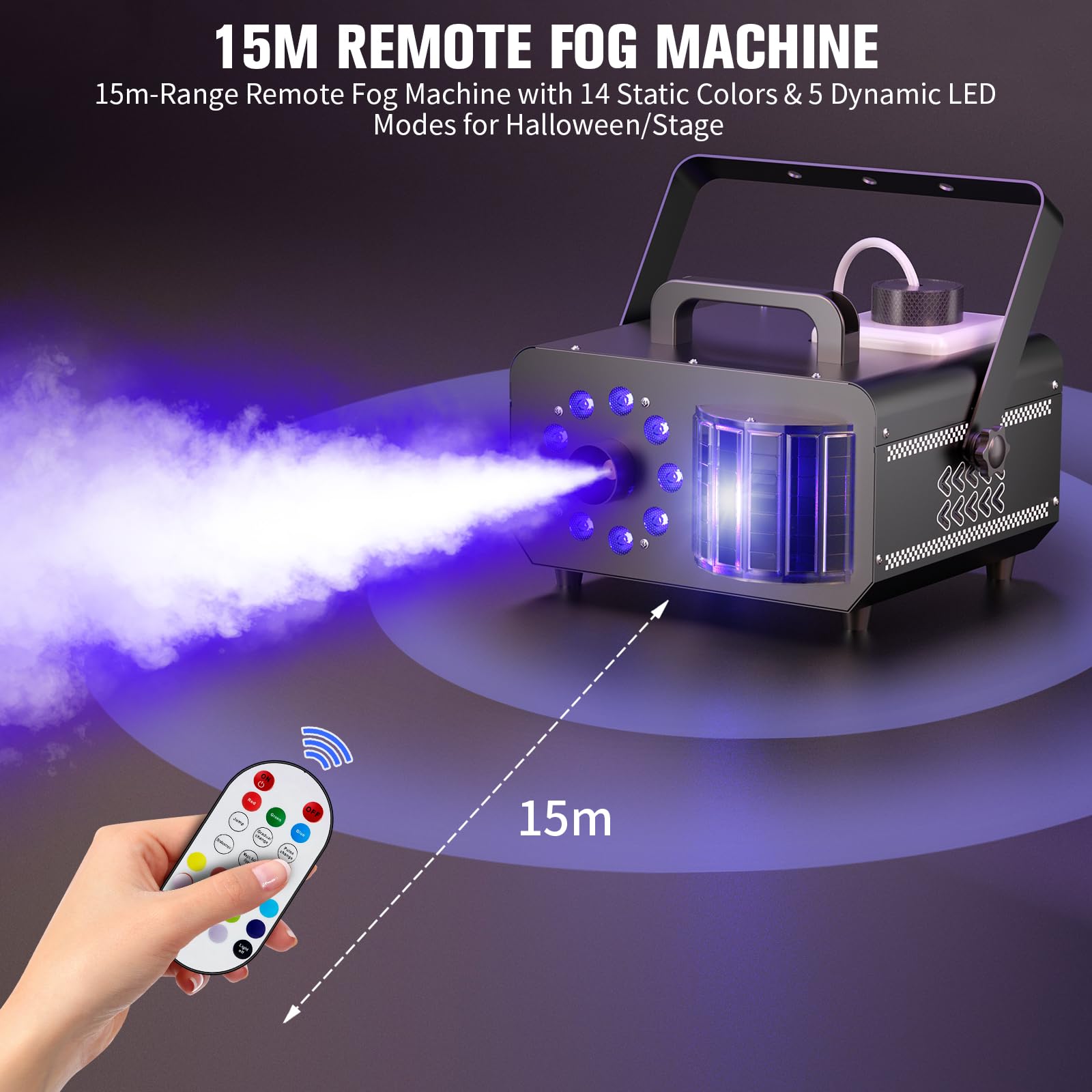 1200W Macchina del Fumo con Telecomando Wireless, Fasci 9 LED RGB Luci da Festa con 14 Colori Statici Capacità di 1L Macchina della Nebbia Stroboscopico per Halloween Matrimoni Natale Palcoscenici