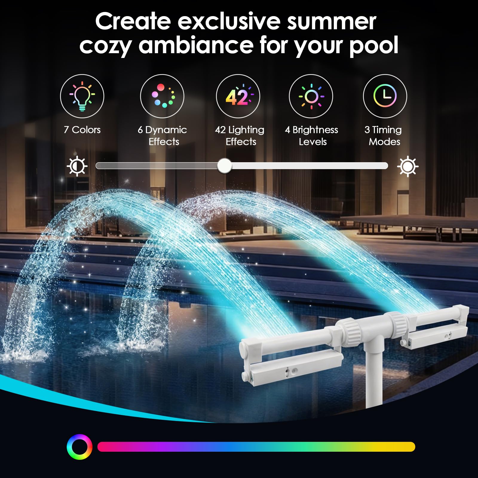 Tomshine Fontaine de piscine rechargeable avec lumières, 42 effets LED RVB, rotation à 360 °, double pulvérisation, 1800 mAh IP68, arroseur flottant submersible pour piscine hors sol/creusée