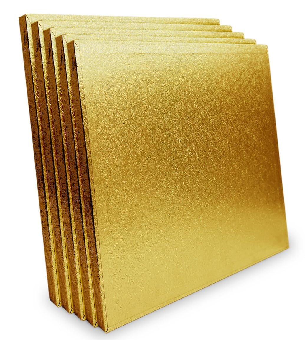 LARRYROO Pack of 5 Square Cake Drums 13mm Thick Boards Colourful Foil Covered (Gold, 14 Inches)