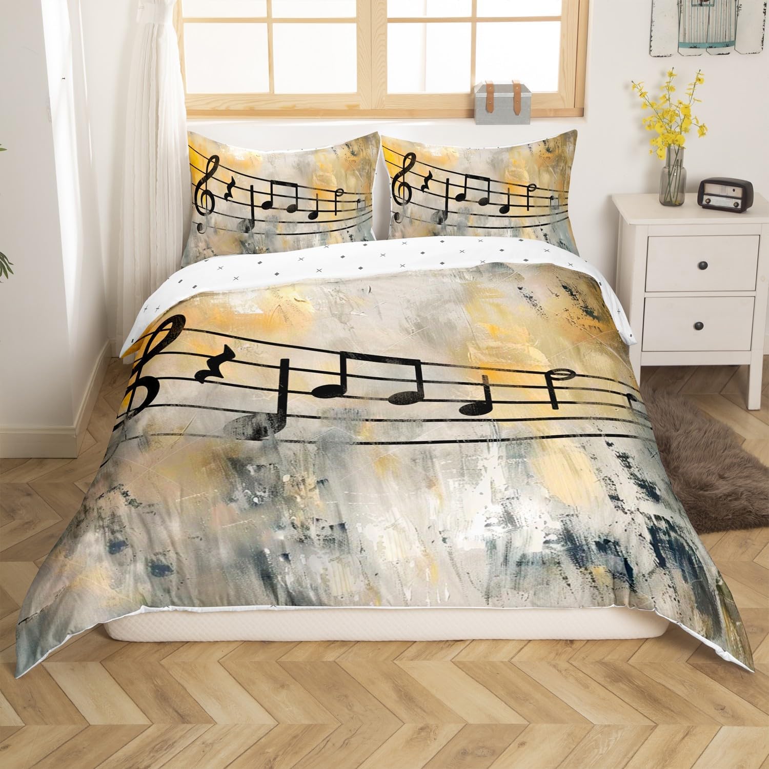 Feelyou Queen Size Music Bedding Set Boys Girls Abstract Musical Note Duvet Cover for Kids Women Men Ultra Soft Music Lover Comforter Cover Set Vintage Bedspread Cover Room Decor Bedclothes Zipper
