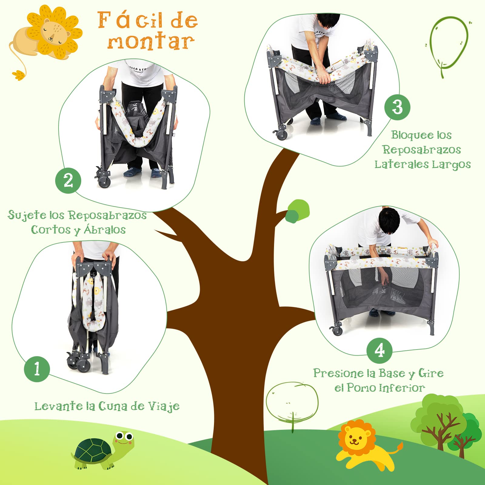 COSTWAY 4 en 1 Cuna de Viaje Plegable para Bebé con Colchón Cambiador, Parque Infantil Cuna Bebe con 3 Juguetes, Caja de Música y Bolsa de Transporte, Cuna Bebe con Colecho (Gris Oscuro)