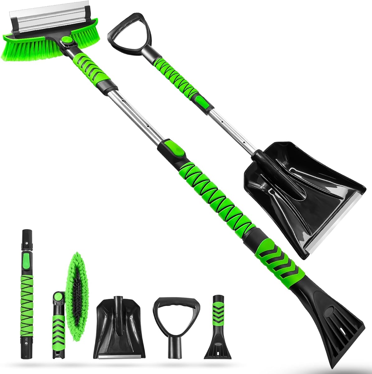 SEAAES 4 in 1 Snow Brush with Squeegee and Snow Shovel for Car, Extendable Emergency Snow Shovel with Foam Grip, Portable Ice Scraper for SUV Truck Vehicle Jeep RV Auto Window Windshield - Green