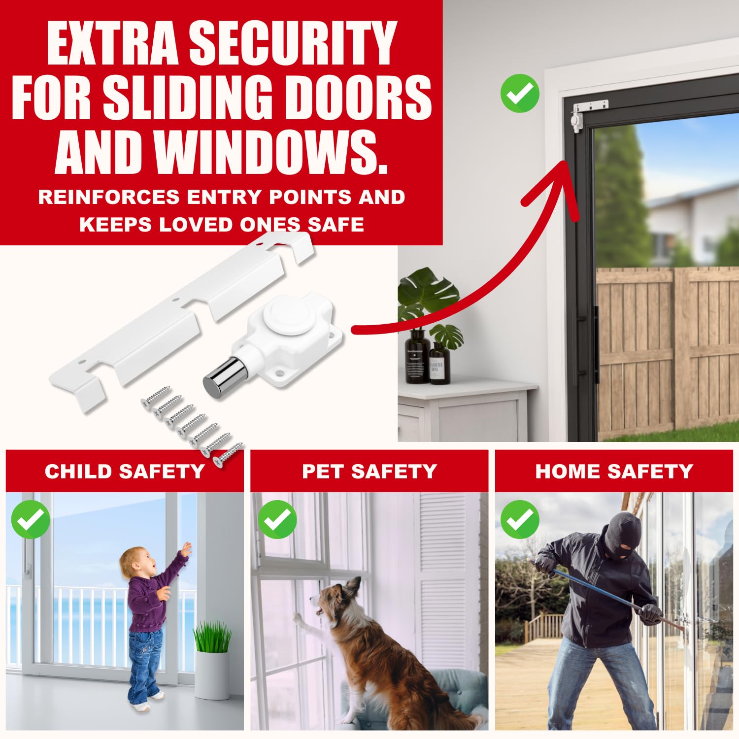 Securityman Cerradura de patio para puerta corrediza y ventana de vidrio, ventilación ajustable, seguro para niños y mascotas, seguridad de puerta corrediza de vidrio con accionamiento de botón, eje