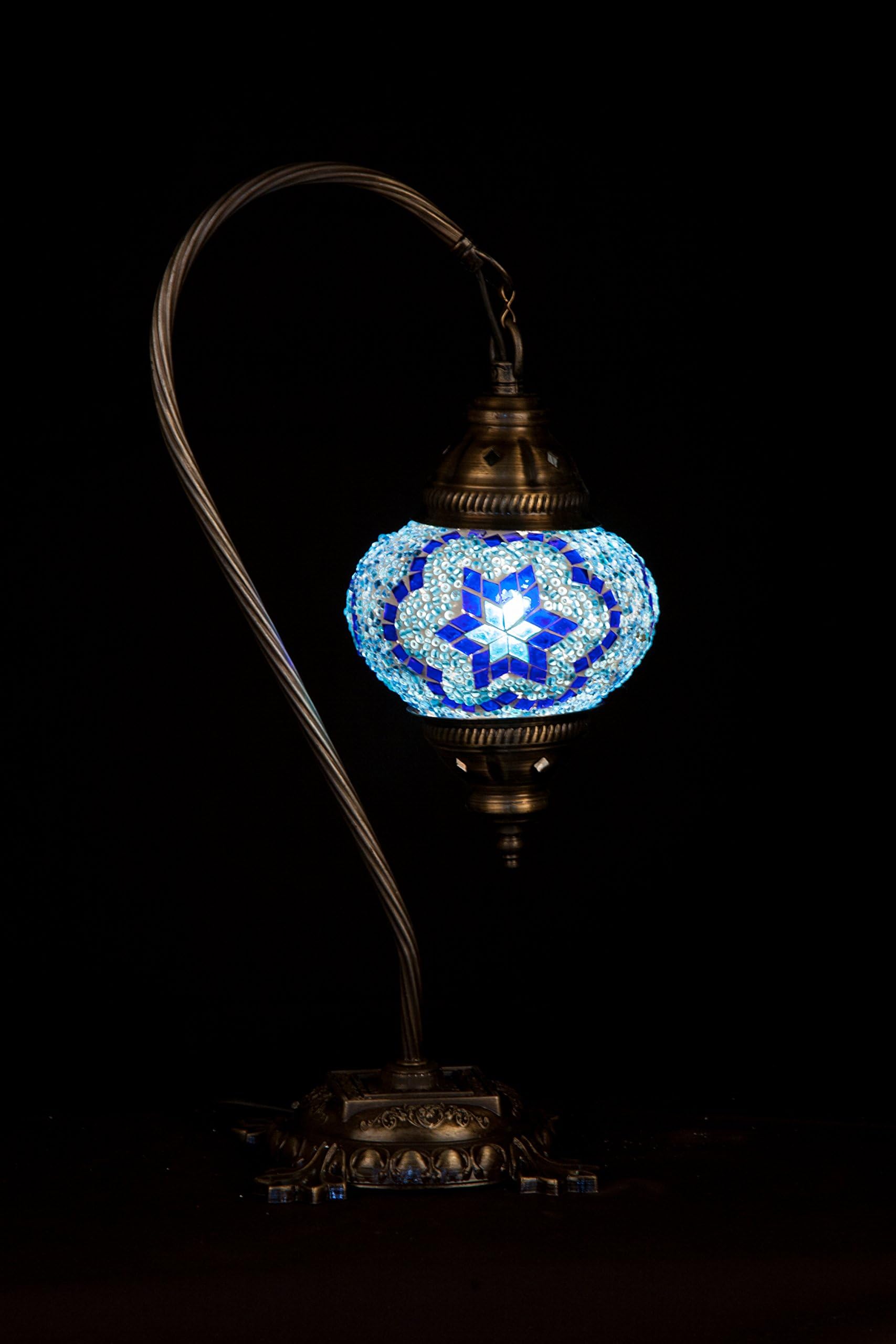 Turkish Lamp Moroccan Ottoman Style Mosaic Handmade Swan Neck Desk Table Light Bedroom Restaurant Cafe Decoration Lamp (Blue)
