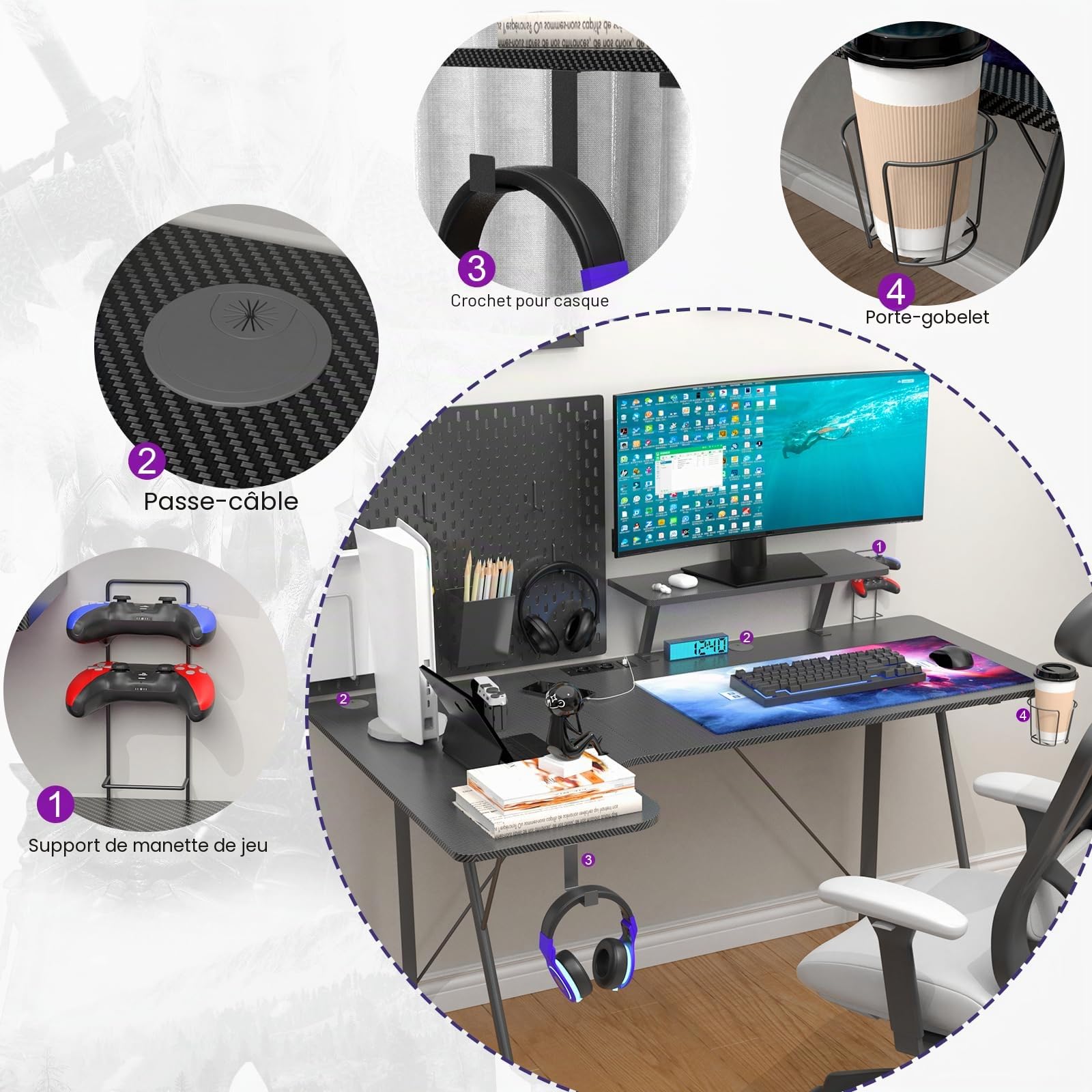 Bureau Gaming 150x90, Table Gaming avec 2 Prises Electriques et 2 Ports USB, Bureau en Forme de L, Fibre de Carbone, Support de Moniteur, pour Etudier, Jouer et Travailler, Noir