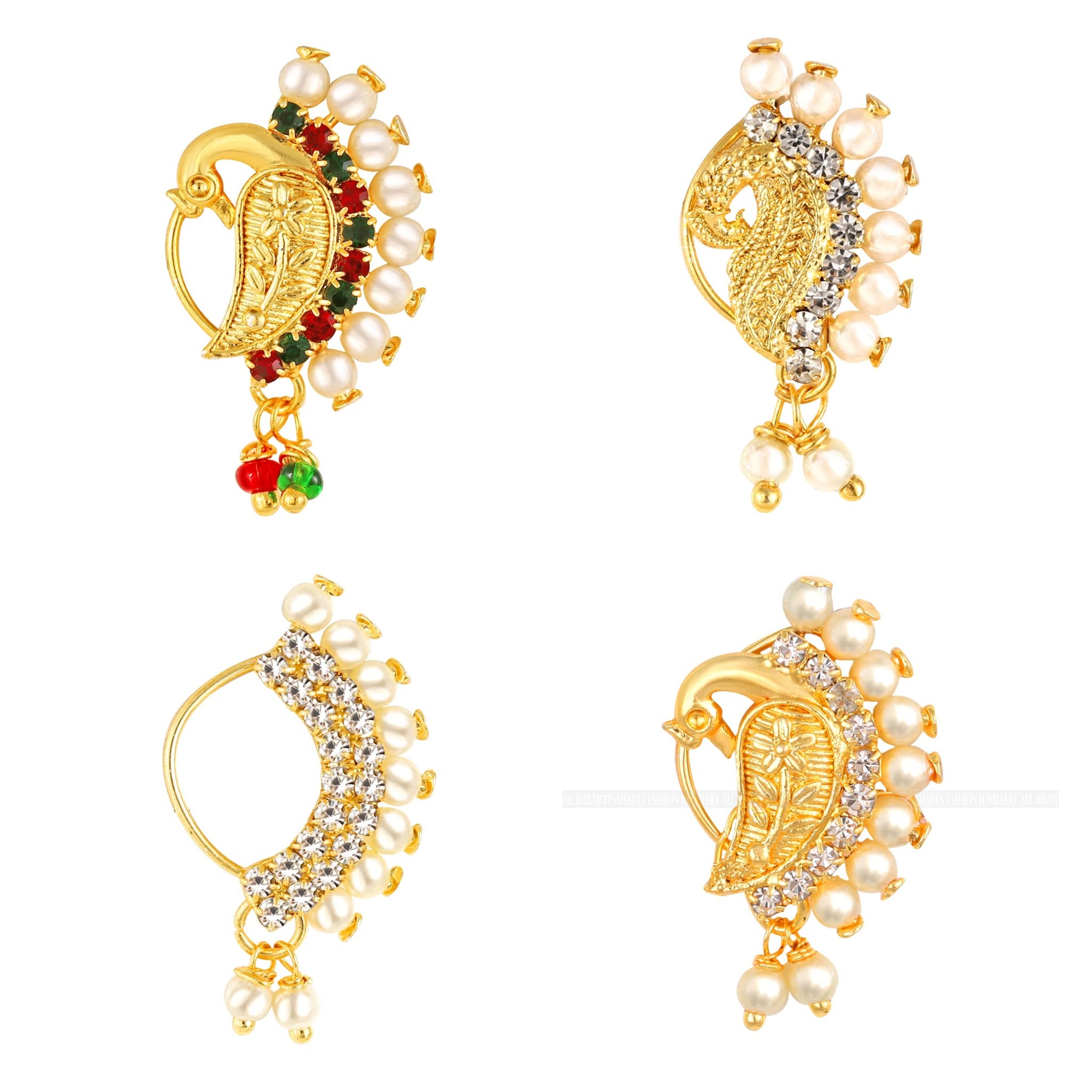 vfj vighnaharta fashion jewellery Vighnaharta Non Piercing Gold Plated Mayur design with Pearls and AD Stone Alloy Maharashtrian Nath Nathiya./ Nose Pin combo valentine day gift valentineday gift for her gift for him gift for women gift for womenVFJ1009-1013-1011-1014NTH-Press-picture-12