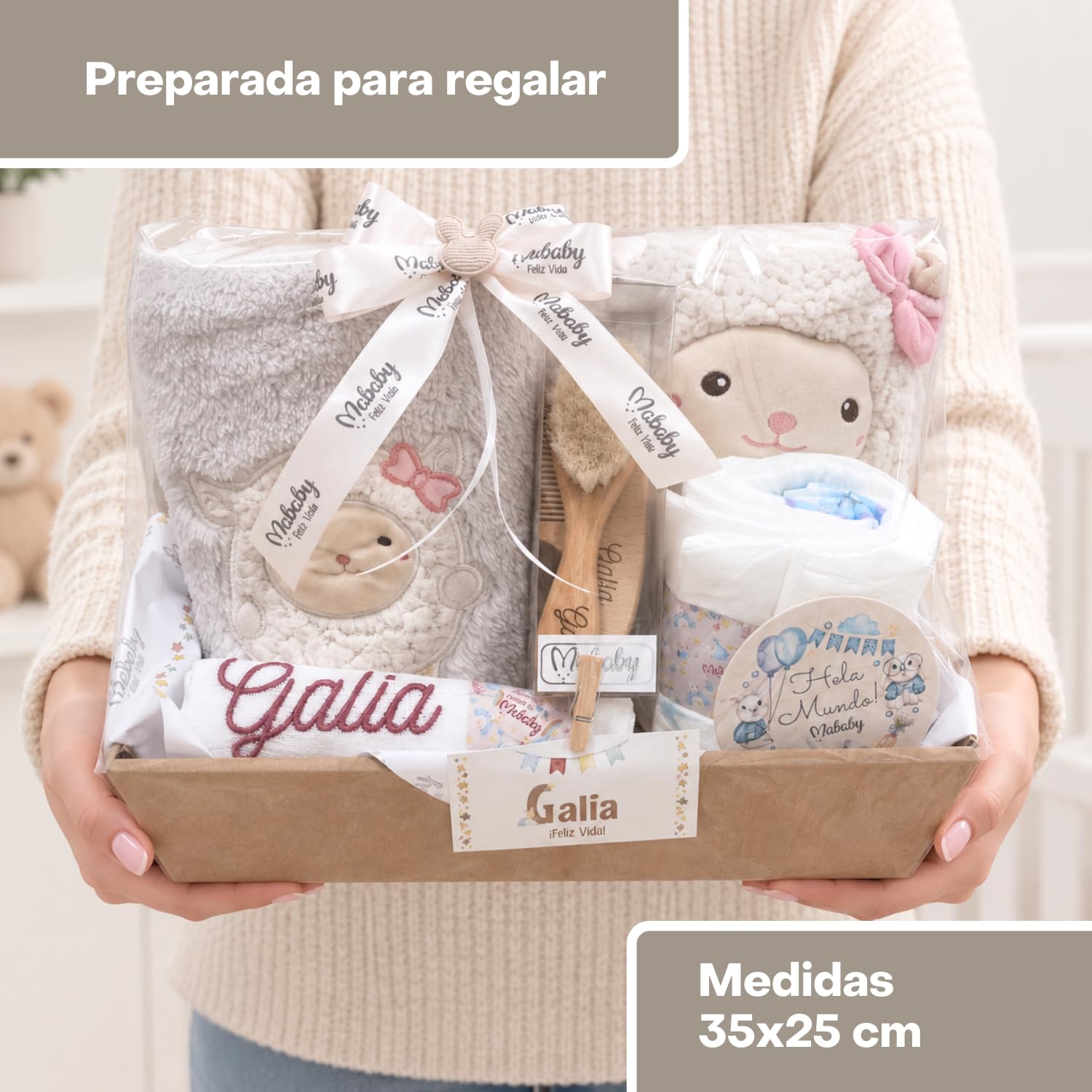 Cesta Bebé Personalizada Mi Ovejita, Regalo Recién Nacido con Manta Coralina, Peluche Ovejita, Cepillo y Peine Personalizados y Gasa Bordada (Rosa)