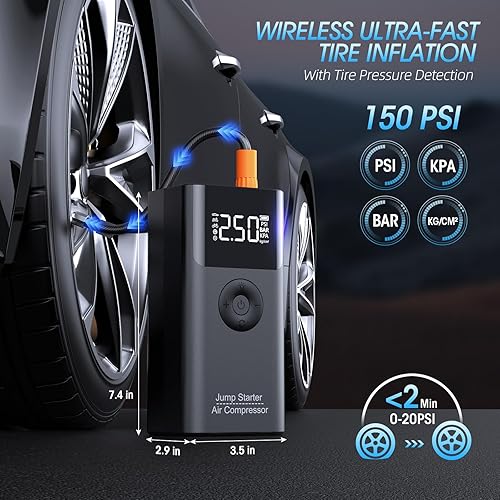Miniatura 3 de Arrancador con compresor de aire, batería portátil LERTIN 2500A 150PSI para coche, caja de salto de 12 V con carga rápida USB, para motor diésel de