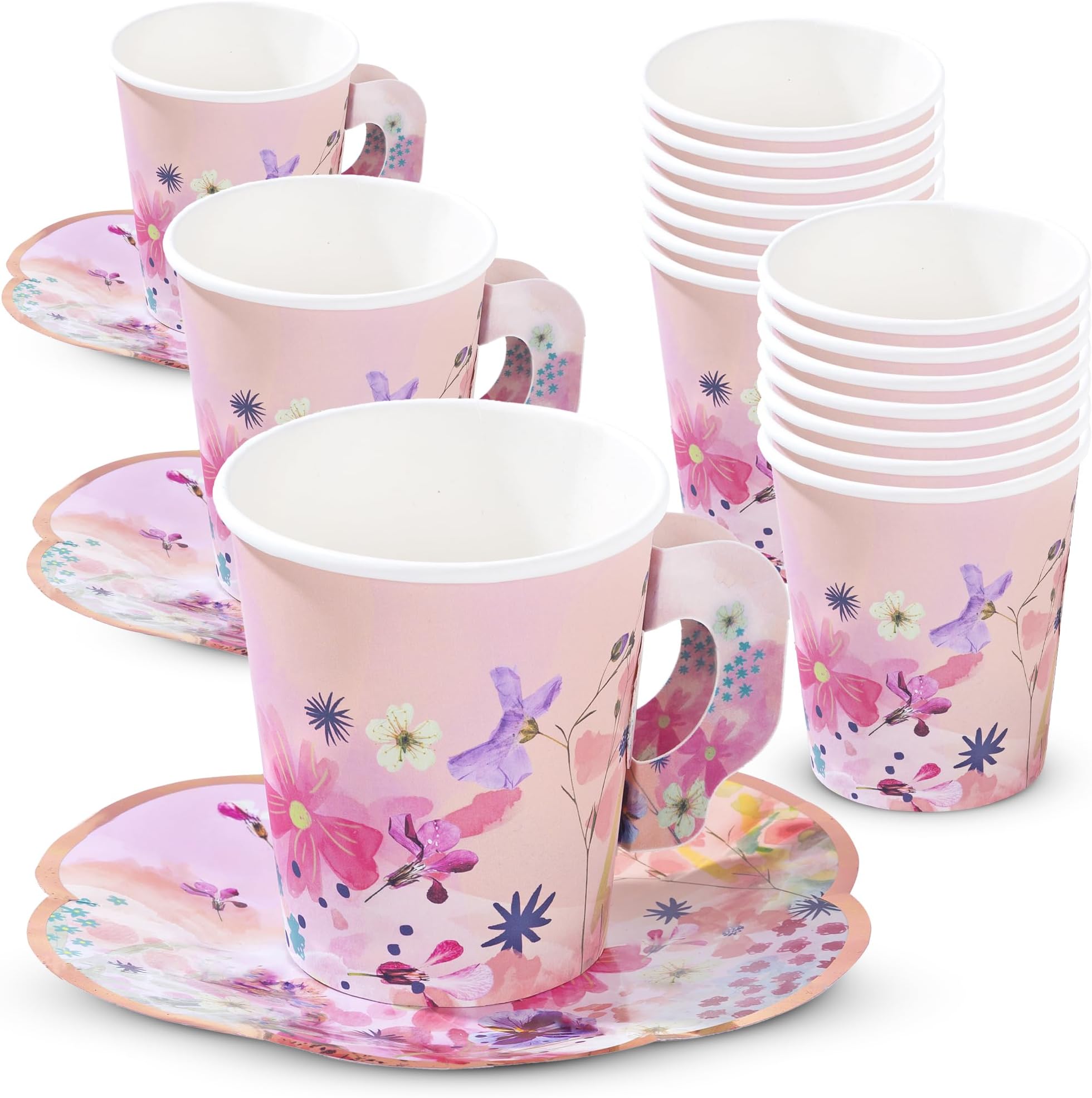12 x Pretty Pink Floral Paper Tea Cups & Saucer Set | Mother's Day Table Party Decorations | Disposable Tableware For Birthday, Garden Party, Afternoon Tea, Bridal or Baby Shower, Wedding