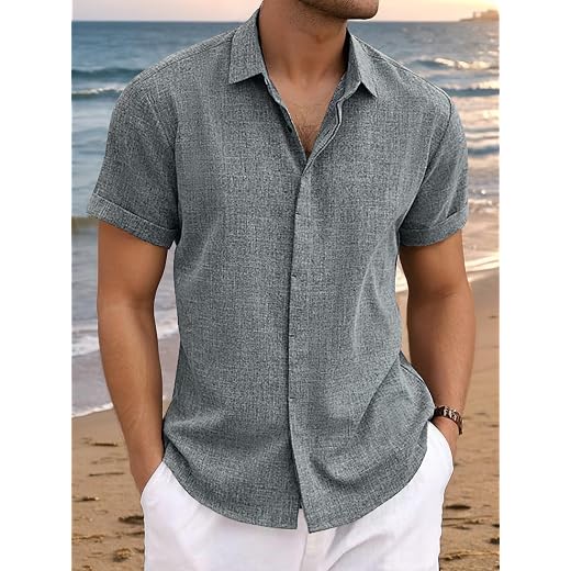 Camisa masculina de linho de manga curta casual com botões para homens verão praia casamento camiseta leve masculina casual