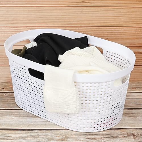 Miniatura 7 de Paquete de 4 cestas de lavandería con mango recortado, cesta de lavandería de plástico blanco