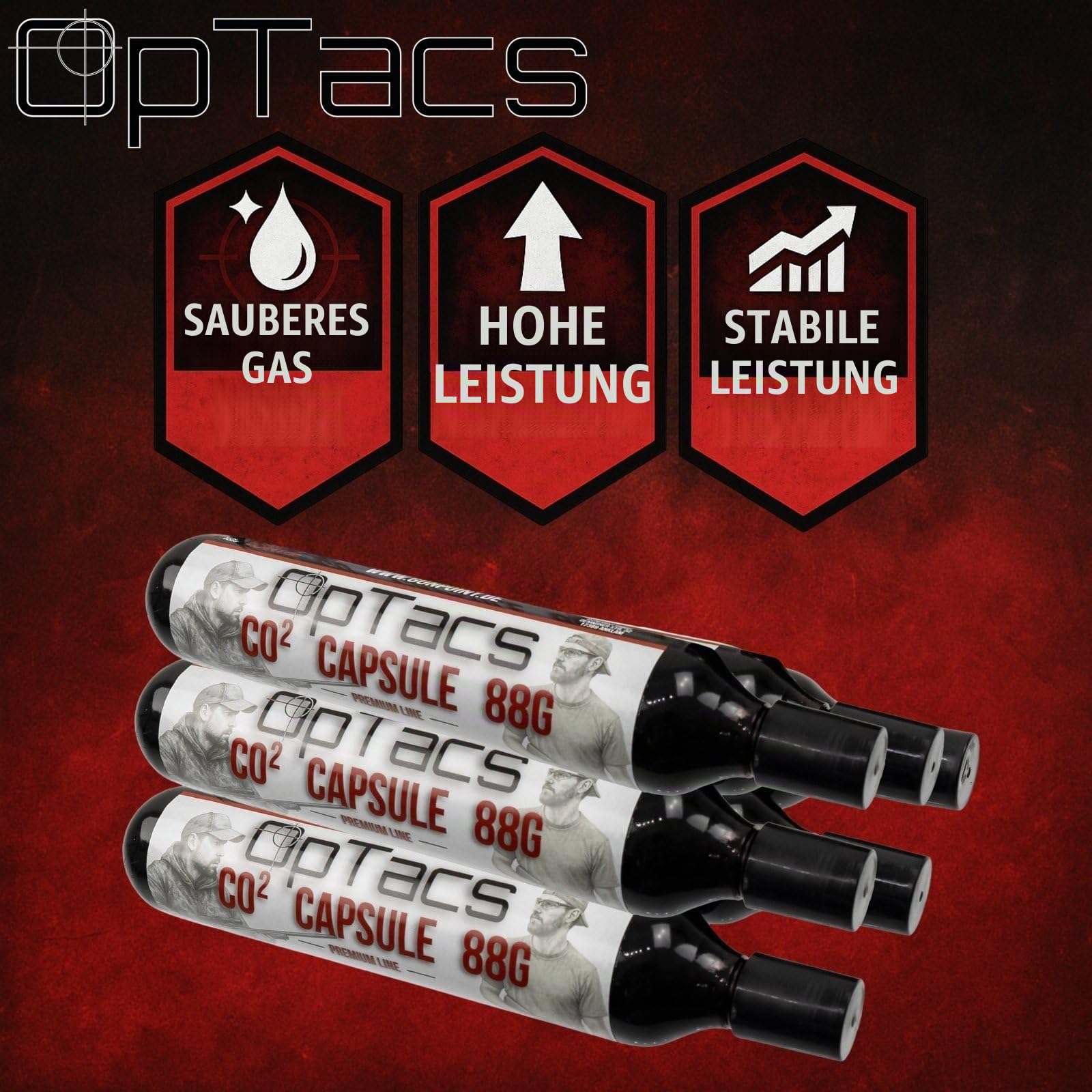 OpTacs 88g CO2 Kapsel 5er Set – CO₂-Kartusche für Luftdruckwaffen, Airsoft, Paintball – Gewinde M16x1,5 – langanhaltend & präzise