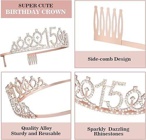 Miniatura 4 de Decoraciones de cumpleaños de 15años para niñas banda, coronatiara, velas y adorno para pastel de cumpleaños de 15años regalos y decoraciones de