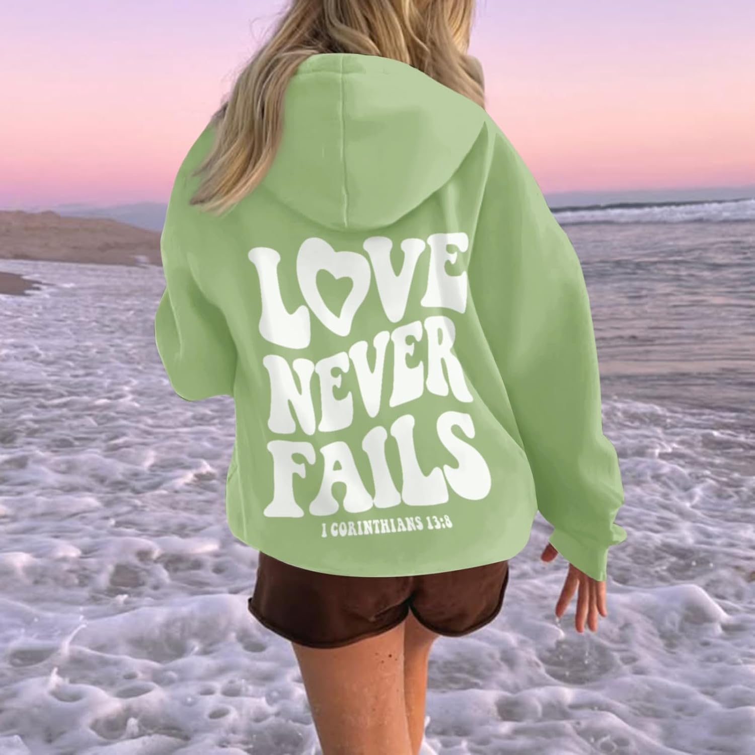 KIEKIECOO Graphic Hoodies With Designs for Teen Girls Aesthetic Cute Oversized Fall Sweatshirts Love Never Fails for Women