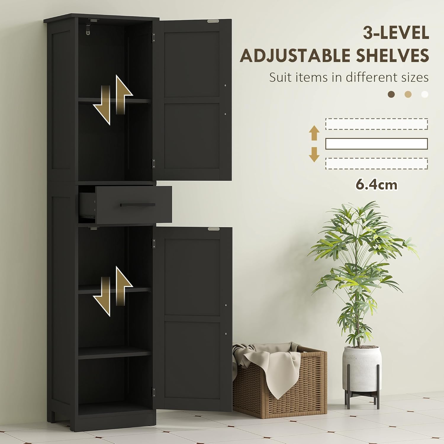 Diagram showing adjustable shelves with three height levels
