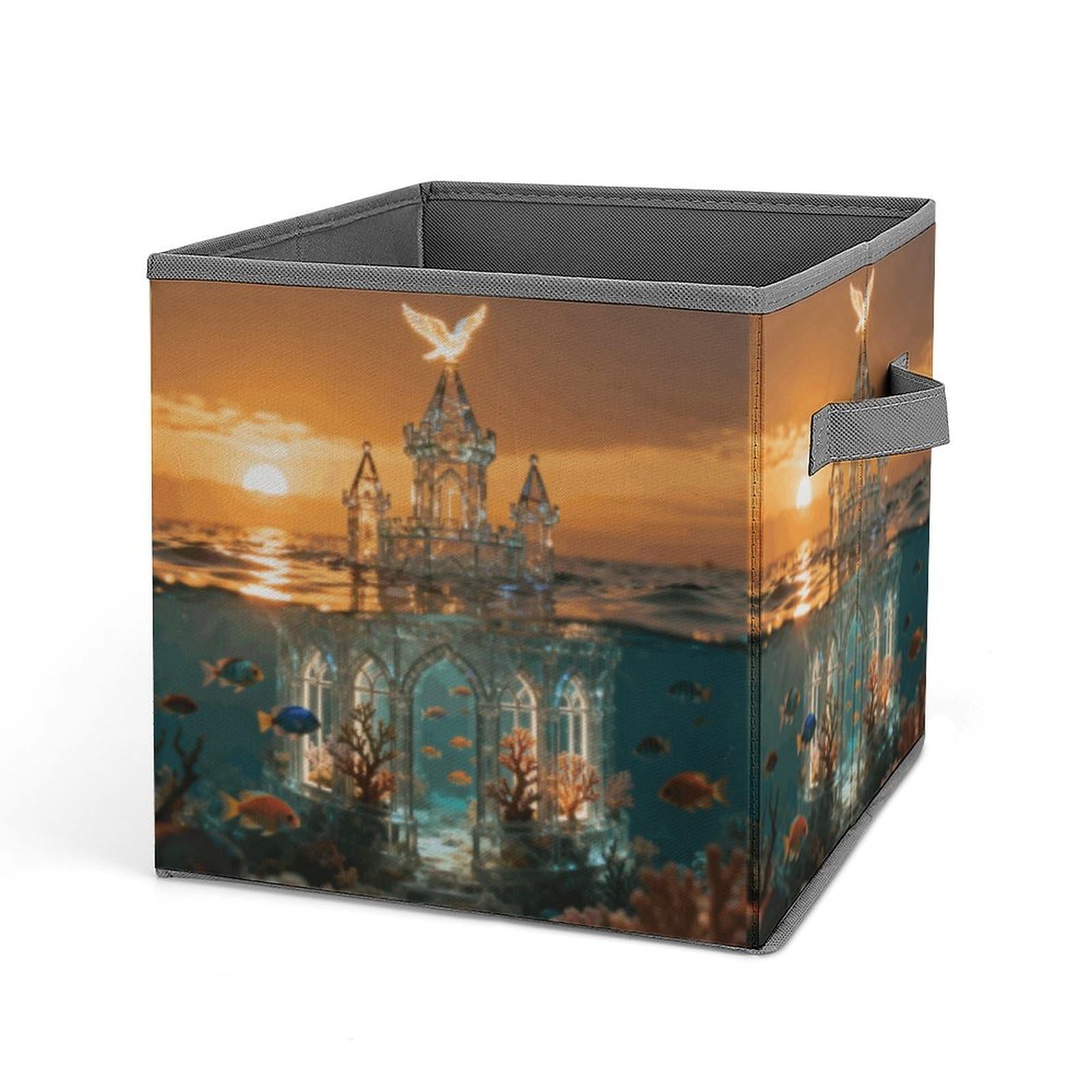 DWVTSLH Underwater Castle Cube Storage Bins with Handle, Foldable Storage Cubes, 11 Inch Large Storage Baskets, Washable Fabric Closet Organizer for Shelves, Decorative Clothes Storage Boxes