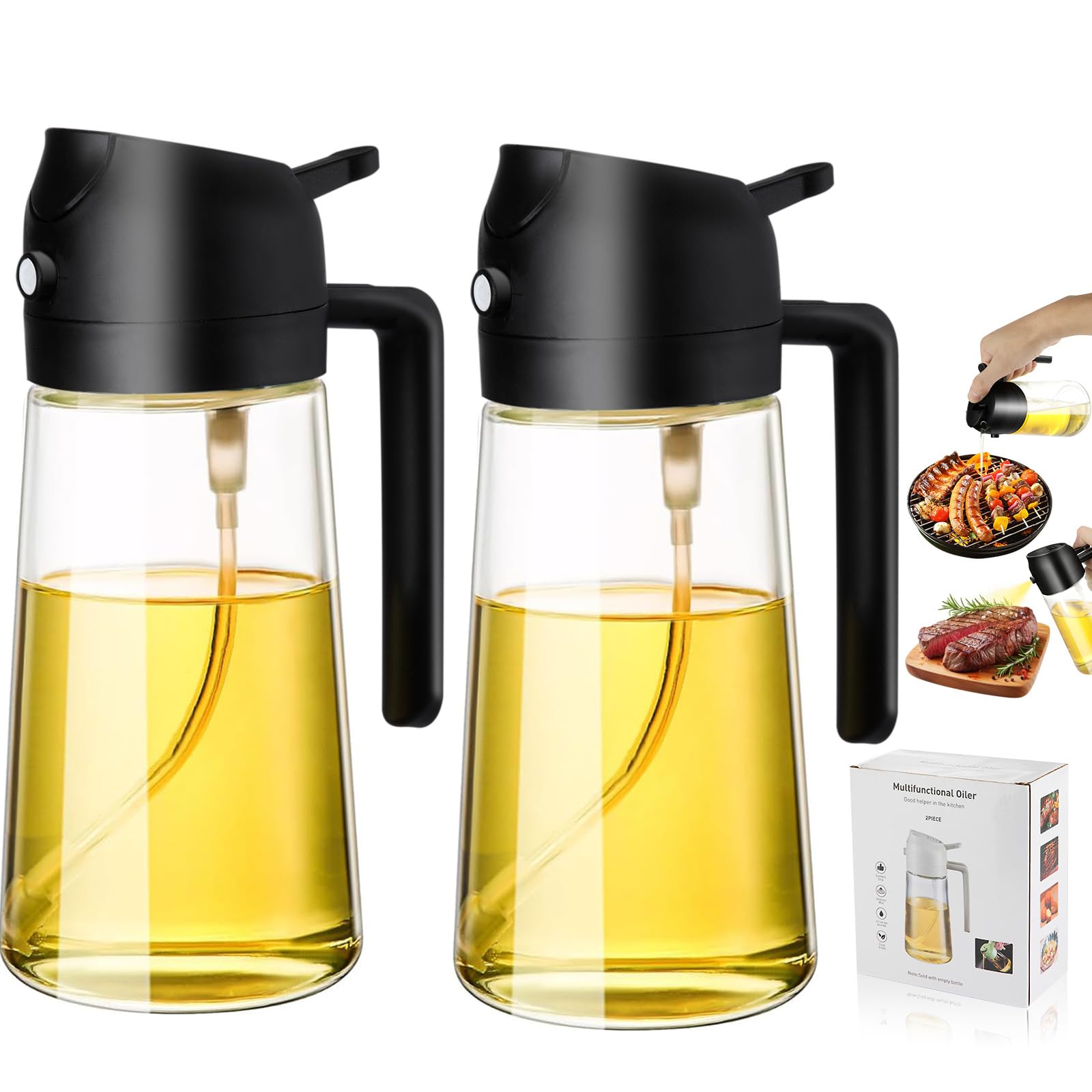 Oliver Oil Sprayer Dispenser for Cooking Bottle 16oz Clear Glass 2Pc Black | 2-in-1 Lightproof Borosilicate Glass Oil Bottle, Wide Mouth for Easy Refill Clean