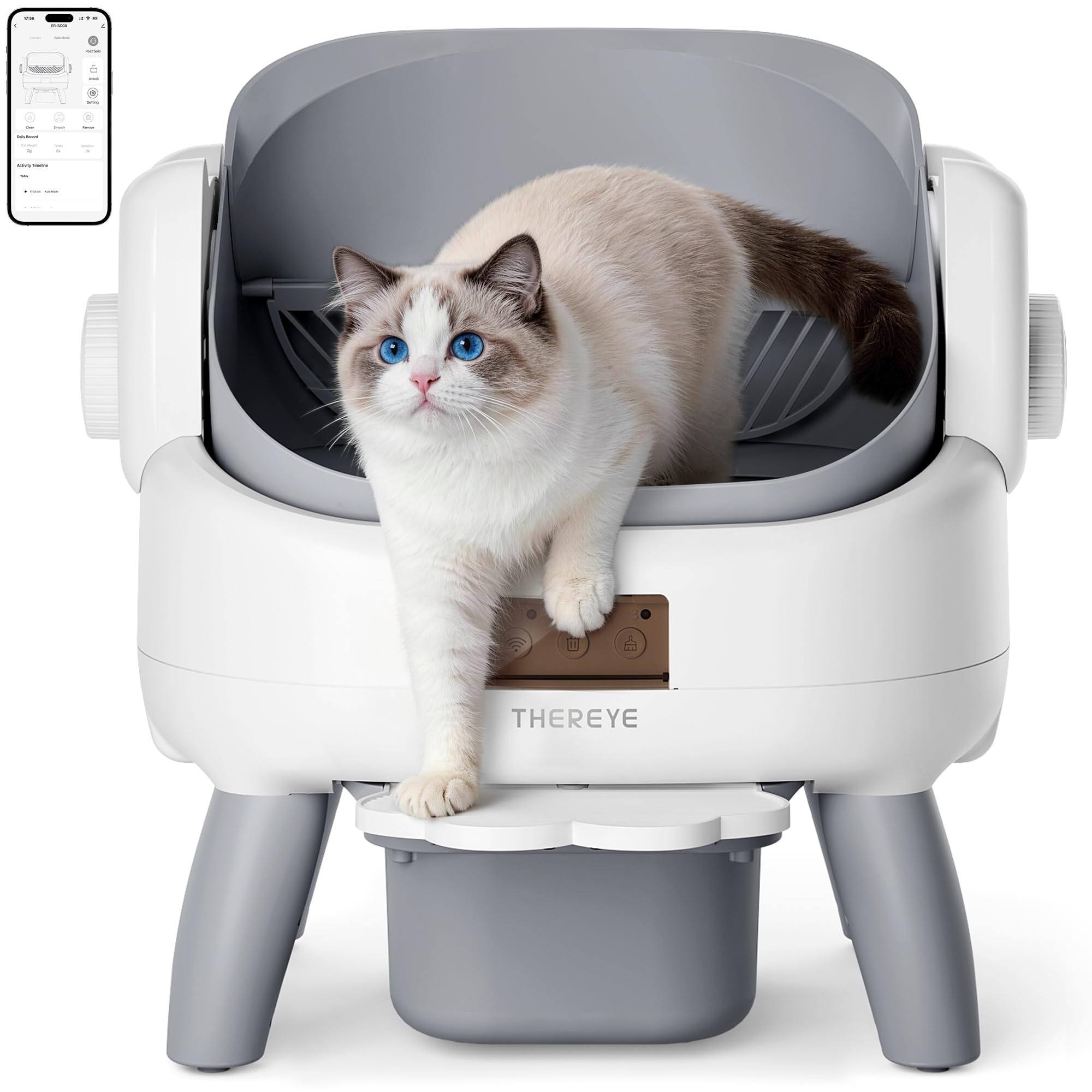 Thereye Litière Automatique Auto-Nettoyante, Litière pour Chat Autonettoyante 10L, 11 Capteurs Anti-Pincement, WiFi 2.4GHz App, Triple Anti-Odeur, Marche d’accès, Silencieux <35dB