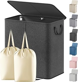 Double Laundry Hamper with Lid and Removable Laundry Bags, Large Collapsible 2 Dividers Dirty Clothes Basket with Handles for Bedroom Laundry Room Closet Bathroom College, 136L Black