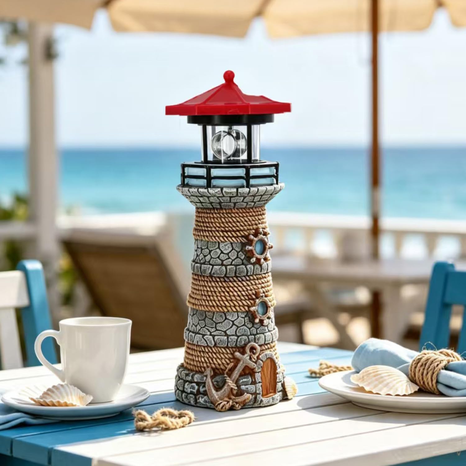 Solar Rotating Beacon Lighthouse Nautical Resin Outdoor Statue Garden Decor image 2