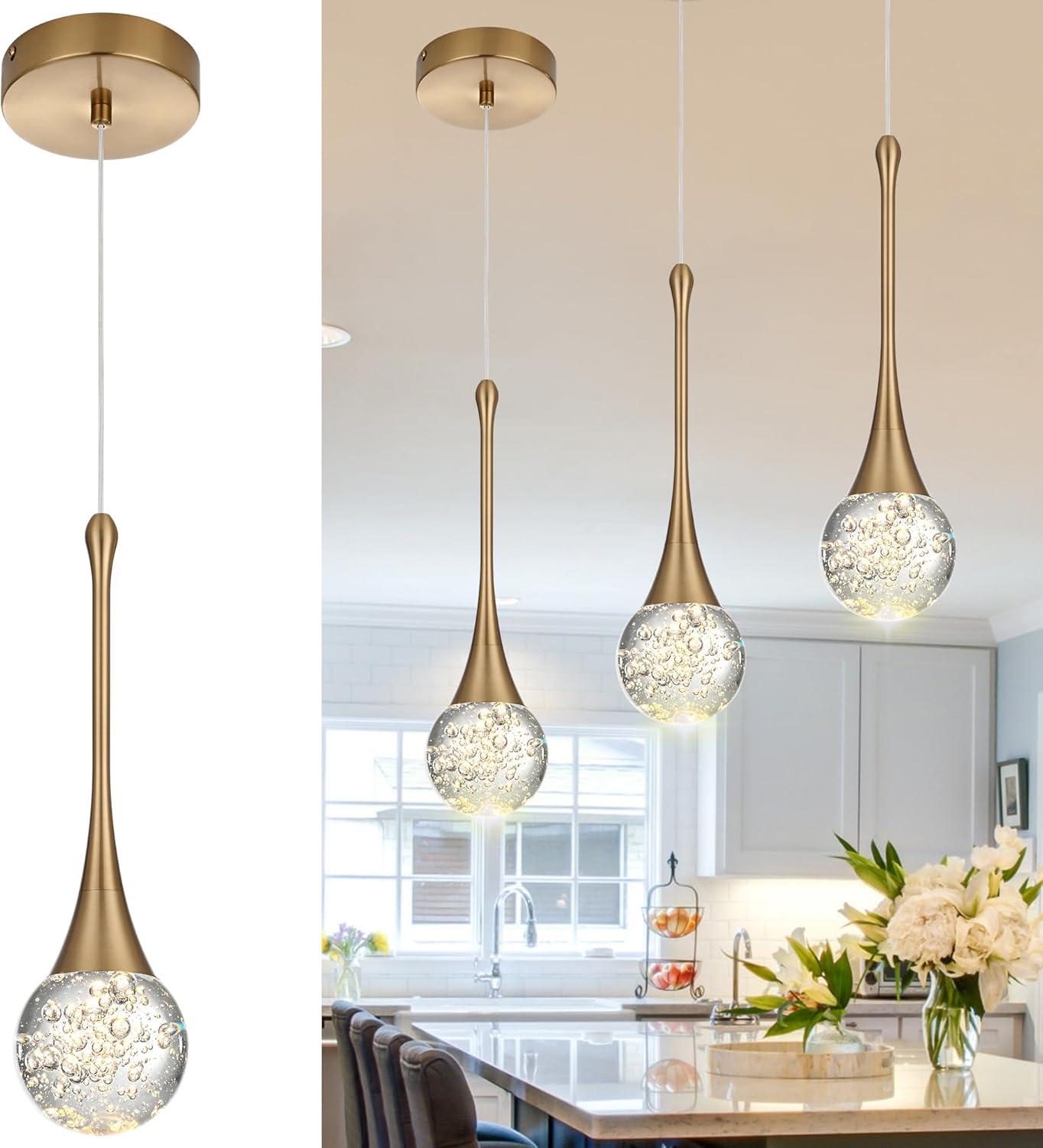 VINLUZ 4-Light Brushed Gold Crystal Chandelier, Dimmable LED Bubble Raindrop Rectangle Pendant Lighting Fixture, Luxury Elegant Adjustable Spiral Ceiling Light for Entryway Staircase