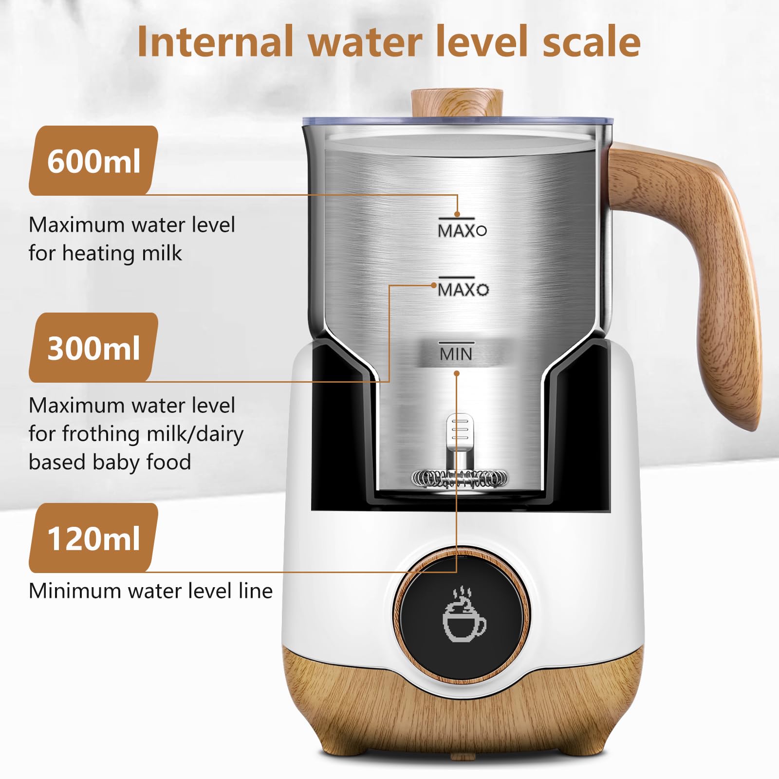 AMZCHEF 8-IN-1 Montalatte Elettrico Cappuccino 550 Watt, 600 ml Montalatte Elettrico con Tazza Divisa per Schiuma di Latte Calda e Fredda, Latte Caldo, Alimenti per Bambini a Base di Latte