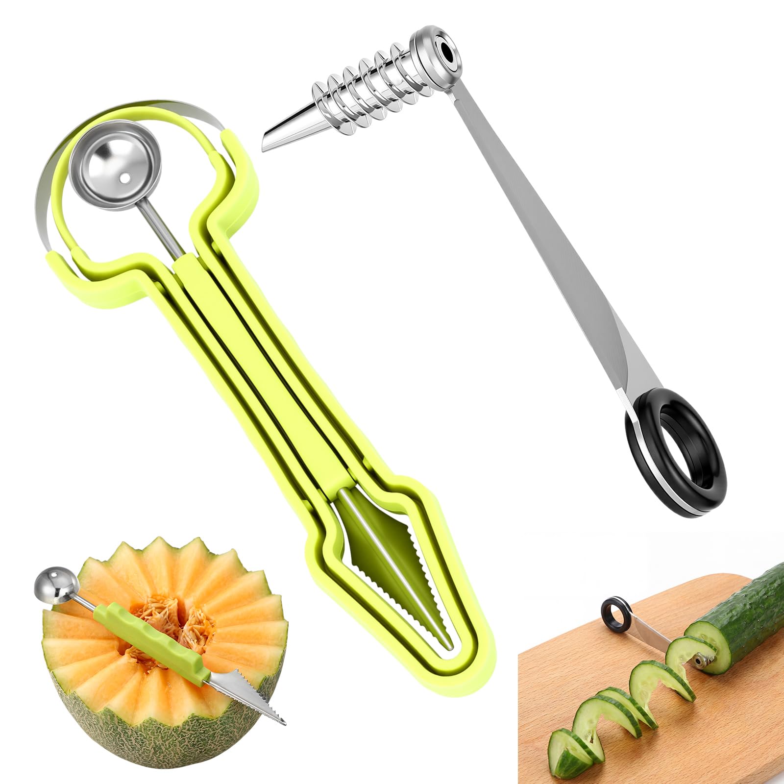 Fruit and Vegetable Carving Tool Set, 3 in 1 Fruit Cutters Shapes, Watermelon Scooper and Baller, Vegetable Spiral Cutter for Potatoes, Cucumbers, Carrots, Kitchen Food Decoration Tools