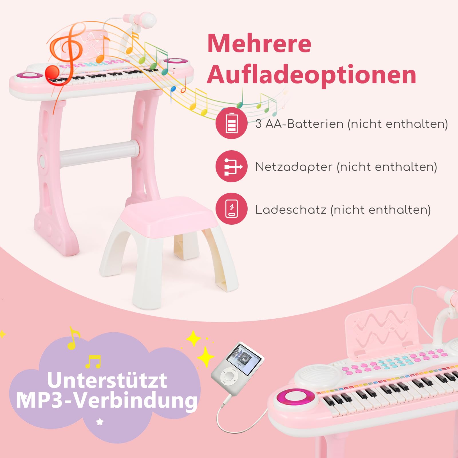 GOPLUS Klawiatura zabawkowa z 37 przyciskami, klawiatura fortepianowa z mikrofonem, lampkami i taboretem, klawiatura z 8 rytmami i 8 dźwiękami instrumentów, dla dzieci od 18 miesięcy (różowa)
