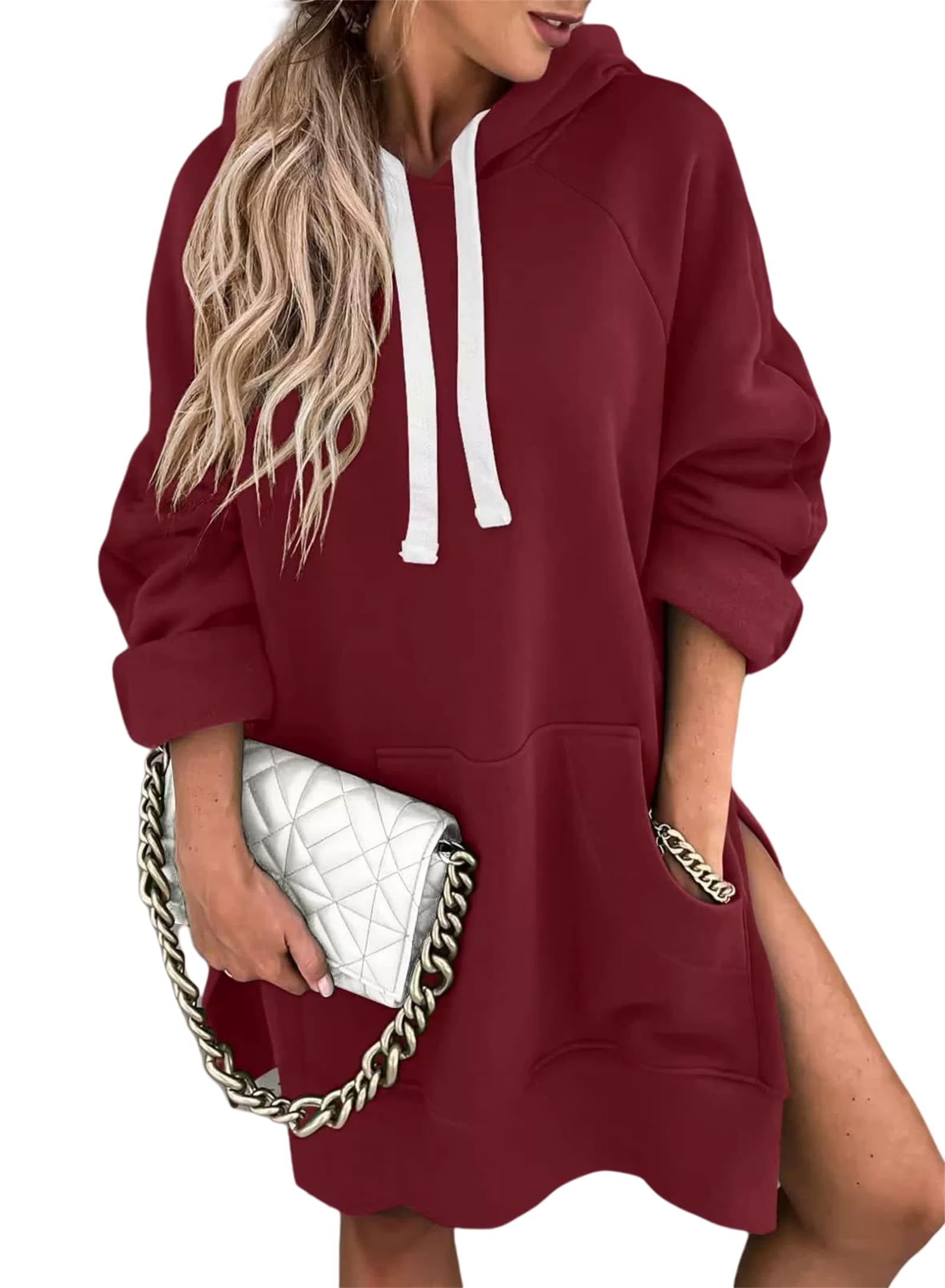 The Warmy Robe à capuche surdimensionnée pour femme, pull décontracté à manches longues et ourlet fendu, blanc, M