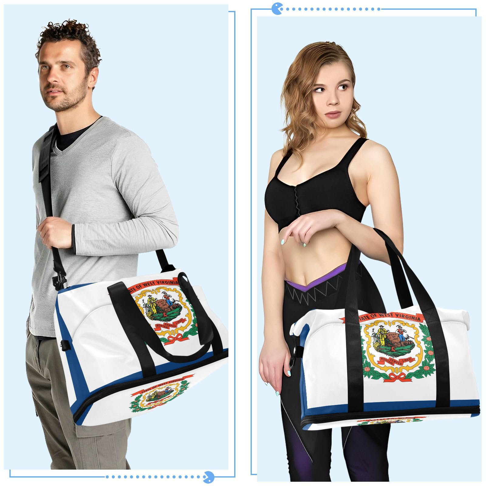 West Virginia State Flag Wv Carry on Weekender Overnight Bag with Wet Pocket Adjustable Strap Gym Sports Carry for Sports Waterproof for men women