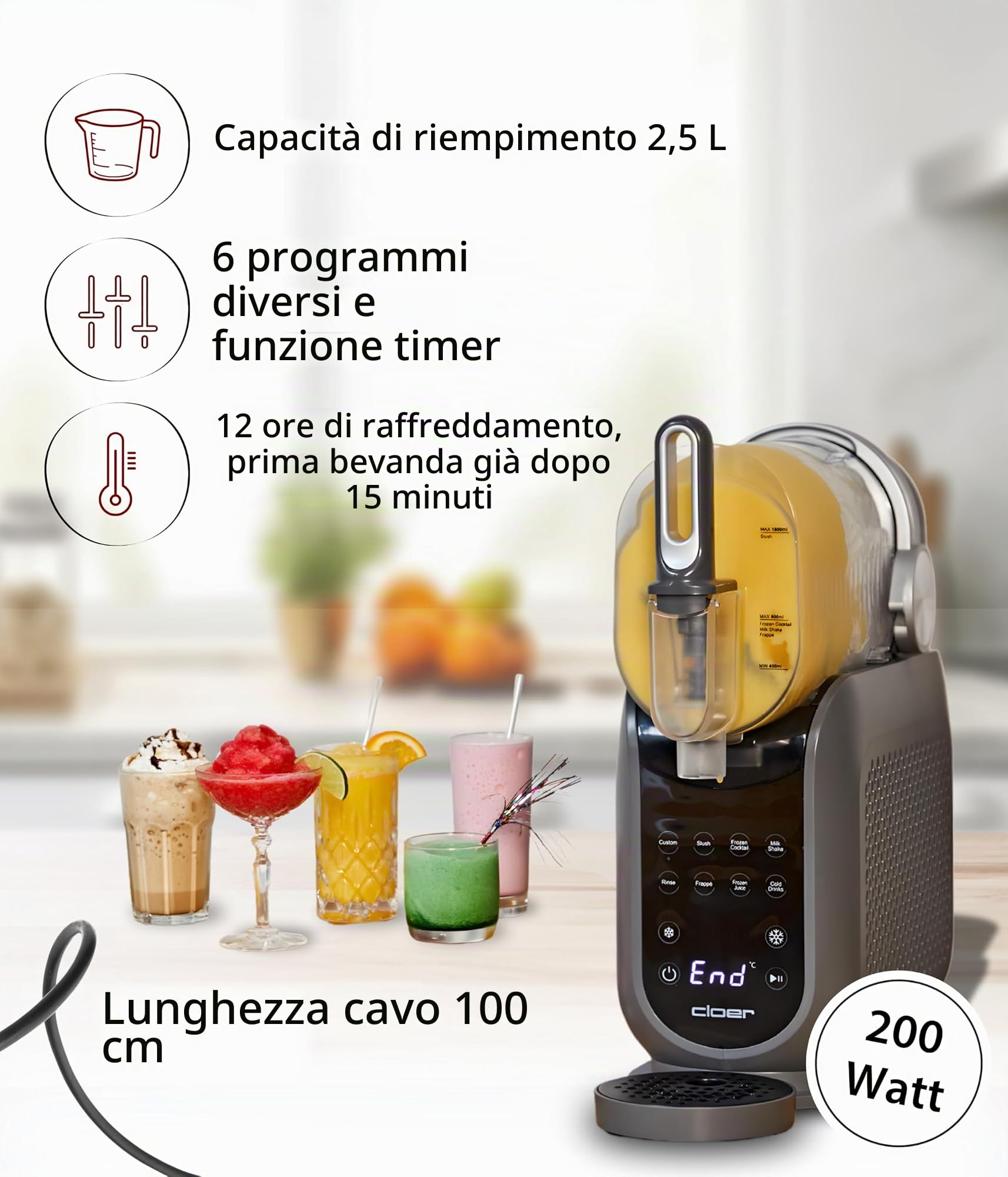 Cloer 9960 Macchina per granite fino a 2,5 litri, 6 programmi, Slush Ice, frozen cocktail, milkshake, frappé succhi, ghiacciati bevande fredde, regolazione individuale, facile pulizia, timer 12h
