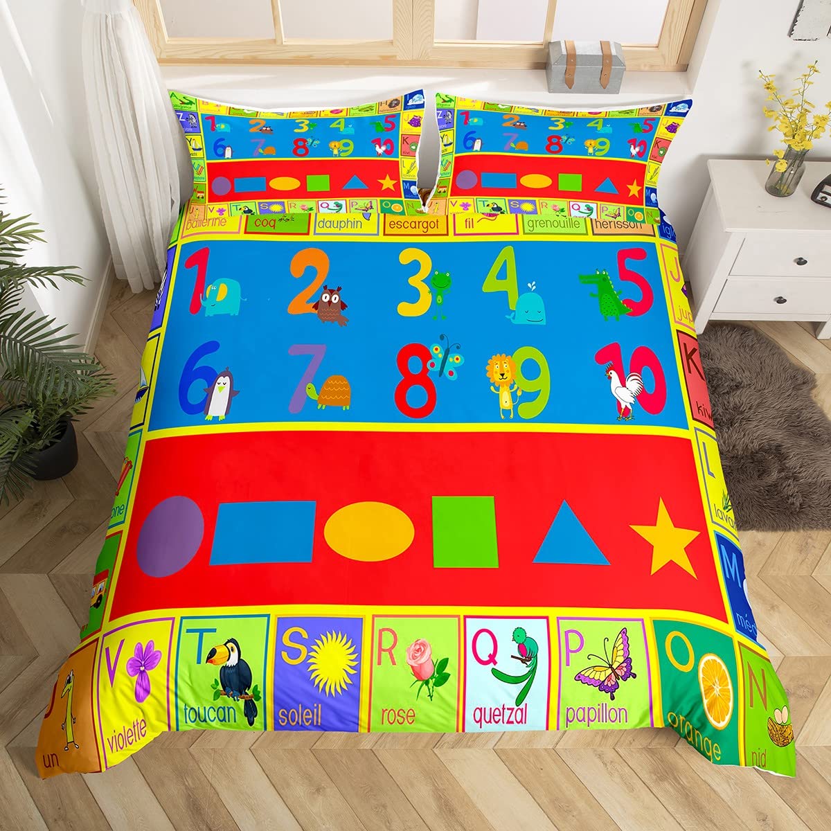 Parure de lit éducative enfants motif chiffres ABC et animaux pour lit double