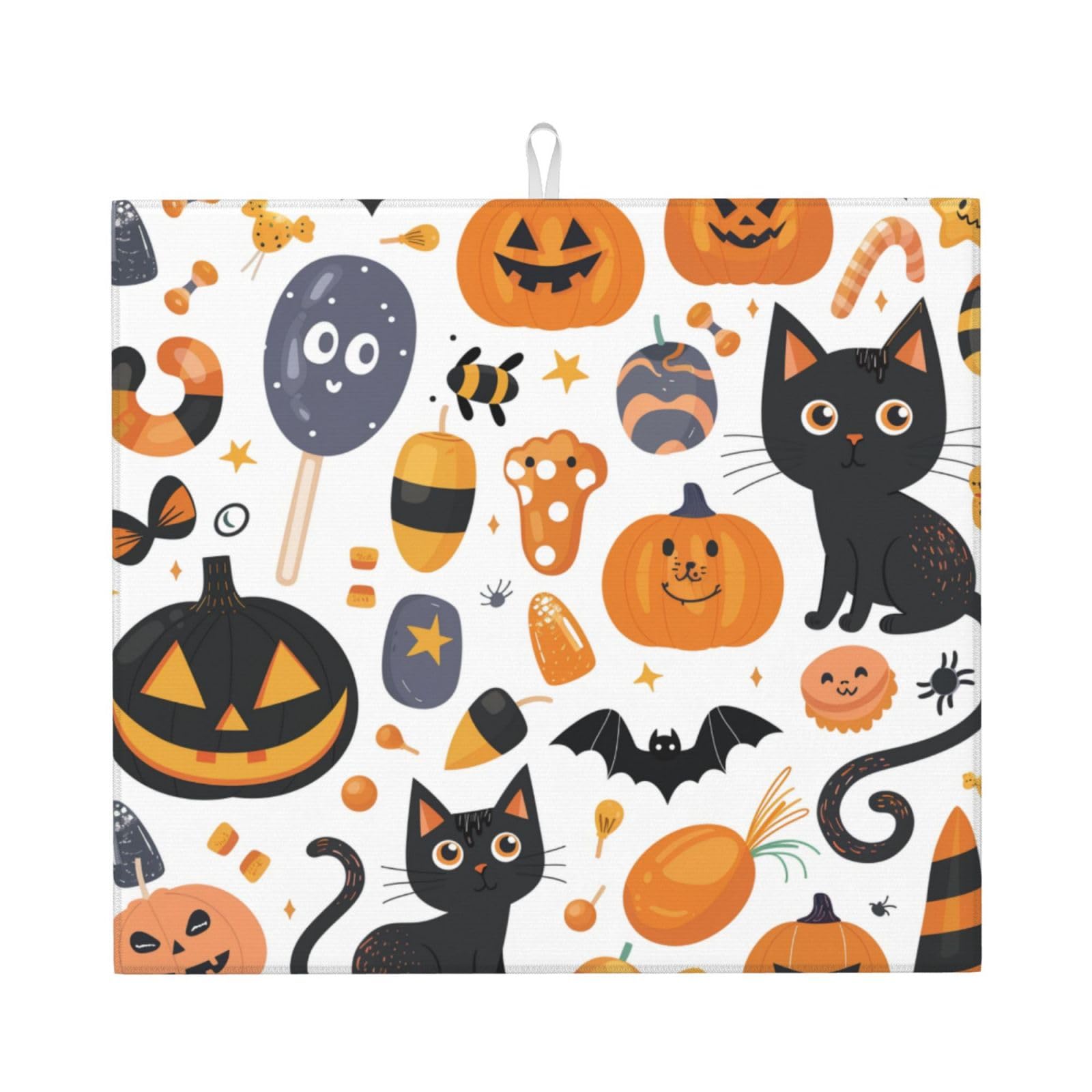 Dish Drying Mat for Kitchen Counter, Halloween Cartoon Ghost Spooky Pumpkin Black Cat Bat Print Super Absorbent Dish Rack Mats with Hanging Loop, 16 X 18 Inch
