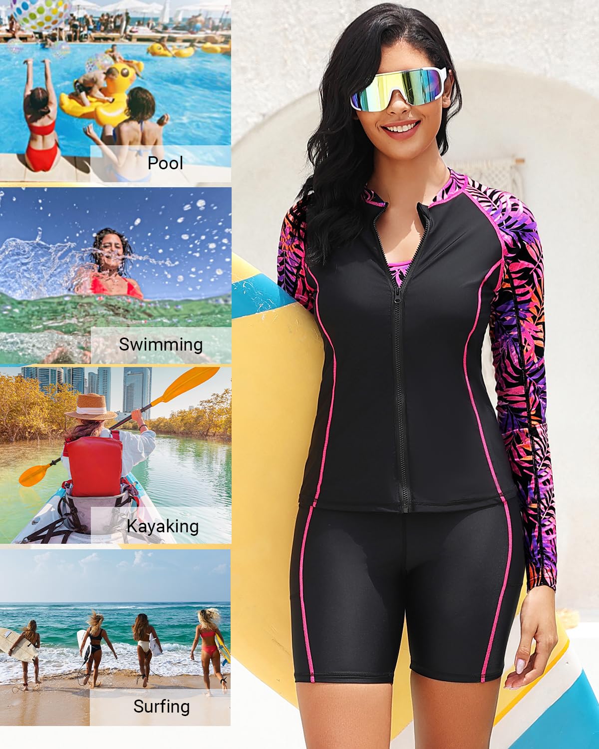 Daci Camiseta de natación de 3 piezas para mujer, camiseta de manga larga con cremallera, brasier deportivo, traje de baño modesto con pantalones cortos
