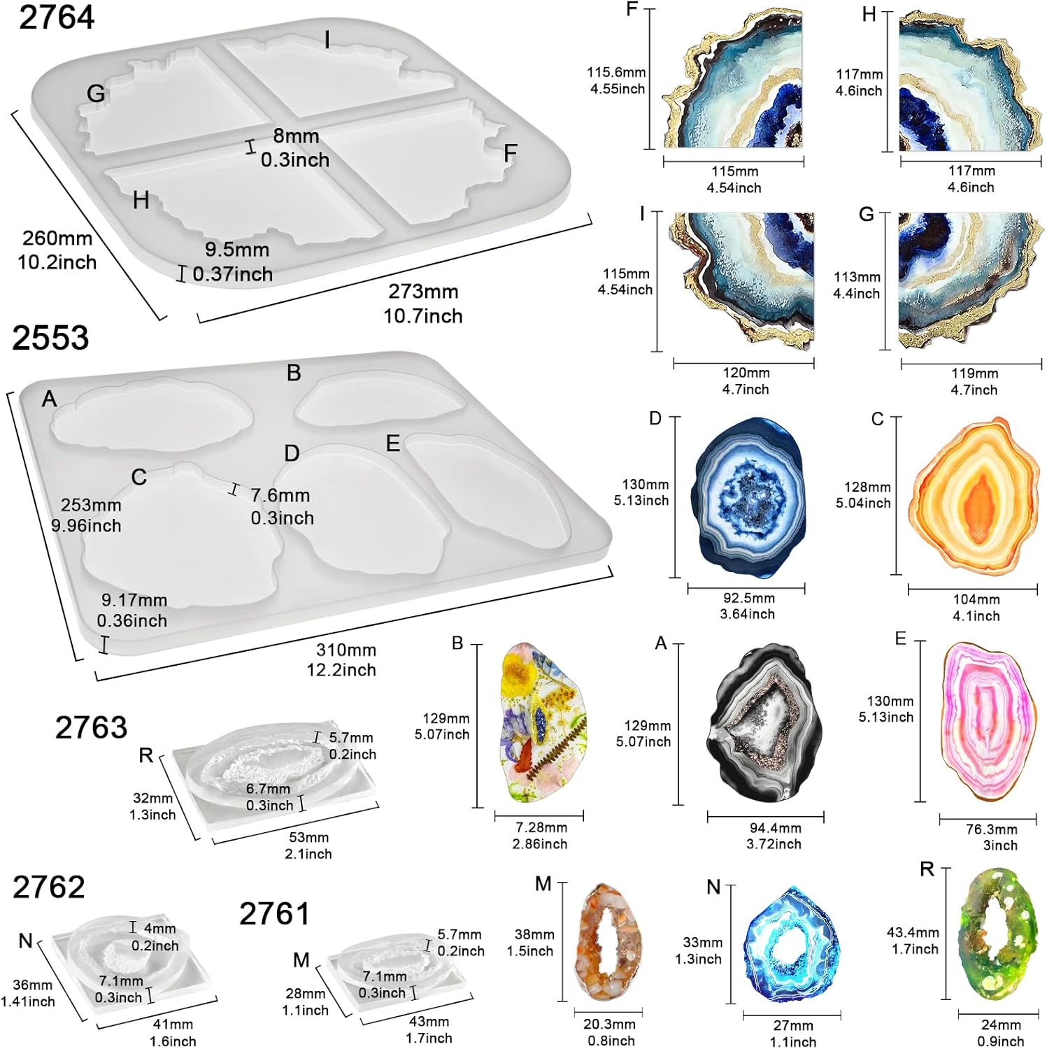 Geode Agate Coaster Silicone Epoxy Resin Molds 11 Shapes Assortment 1.4inch-5.2inch for Polymer Clay Craft Soap Jewelry Making Concrete Cement