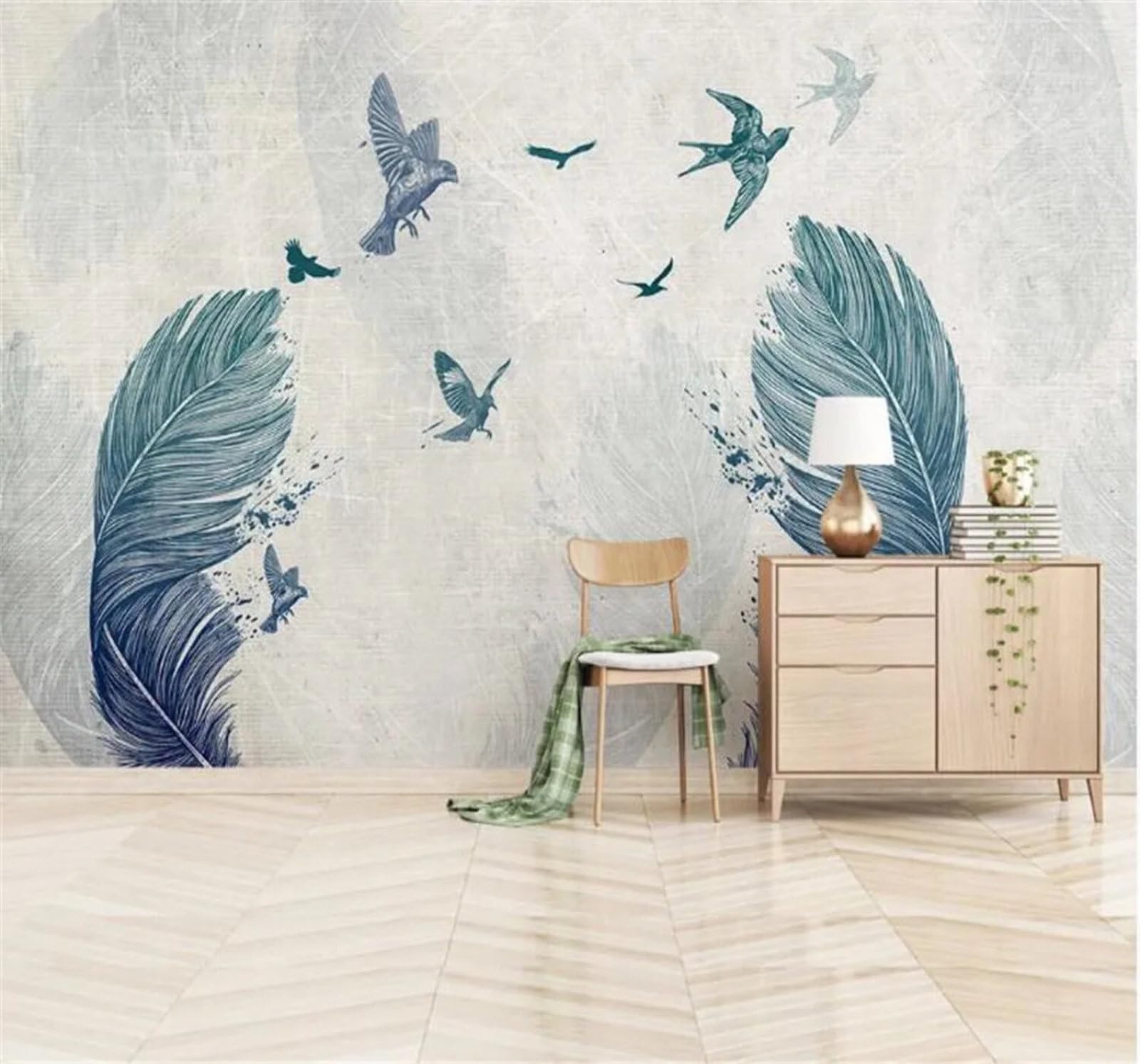 Tzxztt Retro Minimalist Watercolour Feathers Birds Modern 3D Wallpaper Premium Textured Silk Neutral Tones Material Ideal for Living Room Bedroom-250cm×170cm