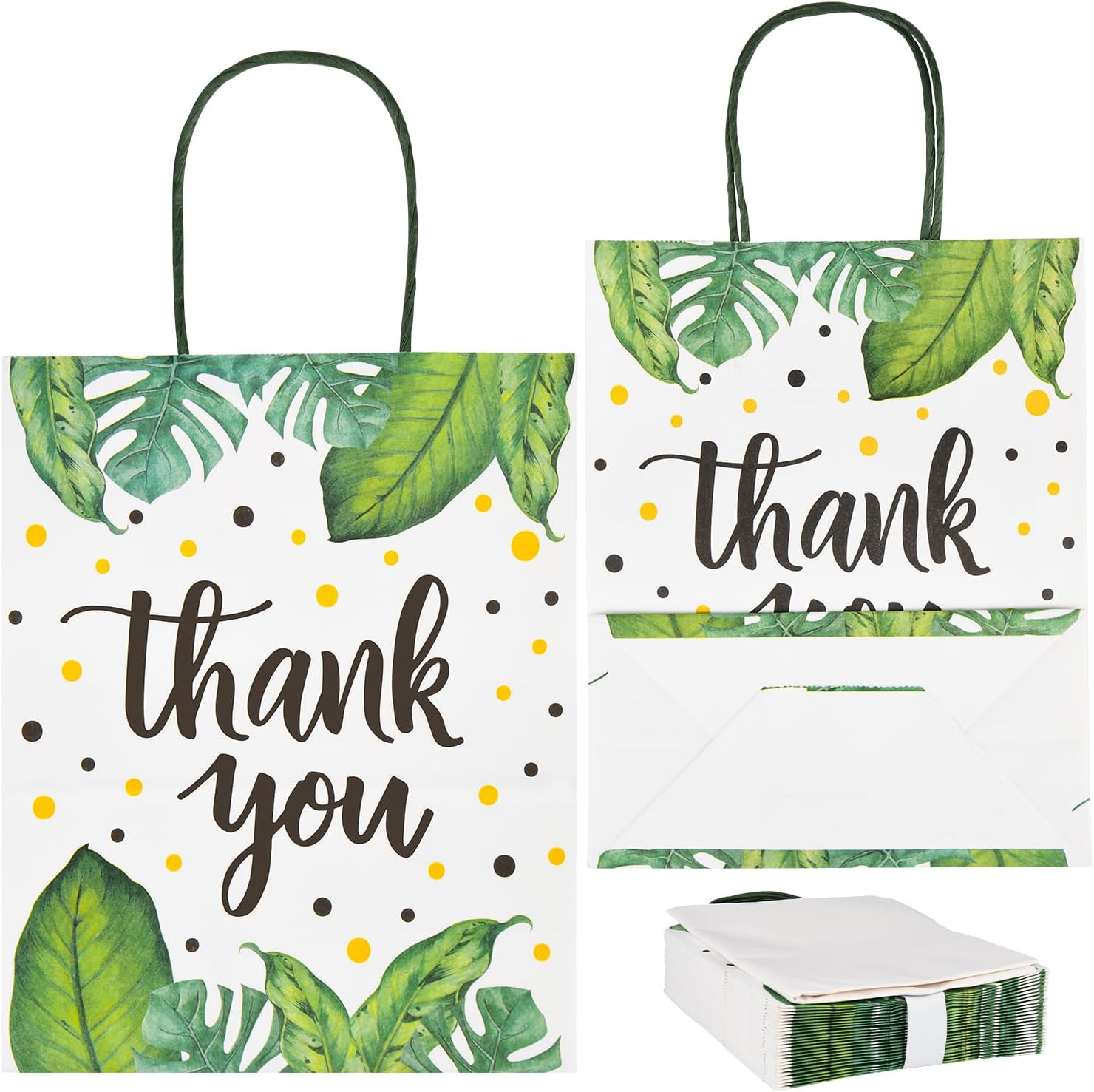 DjinnGlory 50 Pack Medium-Size Tropical Leaf Gift Bags with Handles and 50 White Tissue Paper for Hawaiian Luau Themed Party Favors, Small Business, 10x8x4 Inch (Boho Thank You)