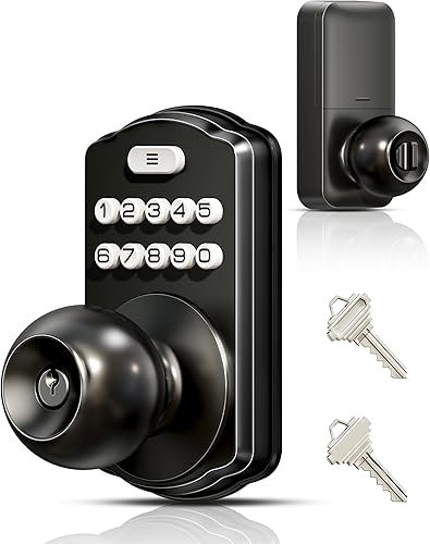 Veise Cerradura de perilla de puerta con teclado, cerradura digital de entrada sin llave con asa, perilla electrónica para puerta delantera y