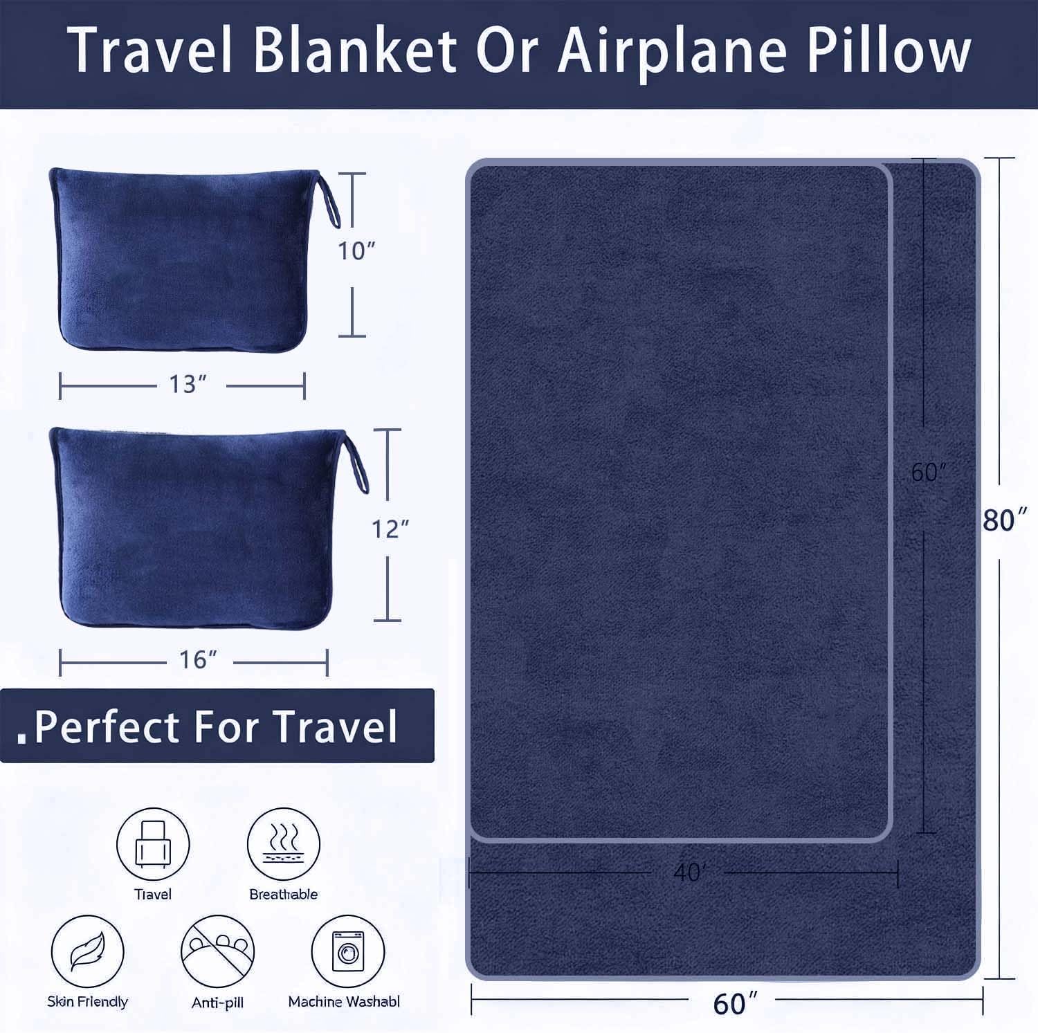 Travel Blanket Pillow, Soft Airplane Blanket 2-in-1, Travel Blanket Airplane Compact with Bag, Travel Essentials Accessories for Plane and Car,60x80 Navy