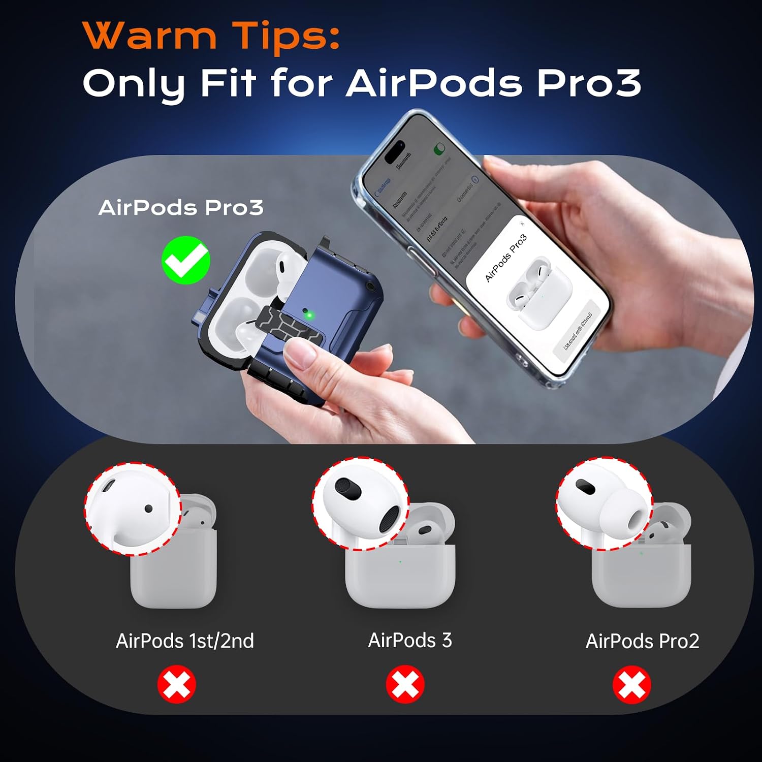 Chicfun for AirPods Pro 3 Case with Stand & Carabiner Keychain, Compatible with MagSafe, [Auto-Mag Lock 1s Open] Mil-Grade Heavy Duty Full-Body Protective with Lock – Dark Blue