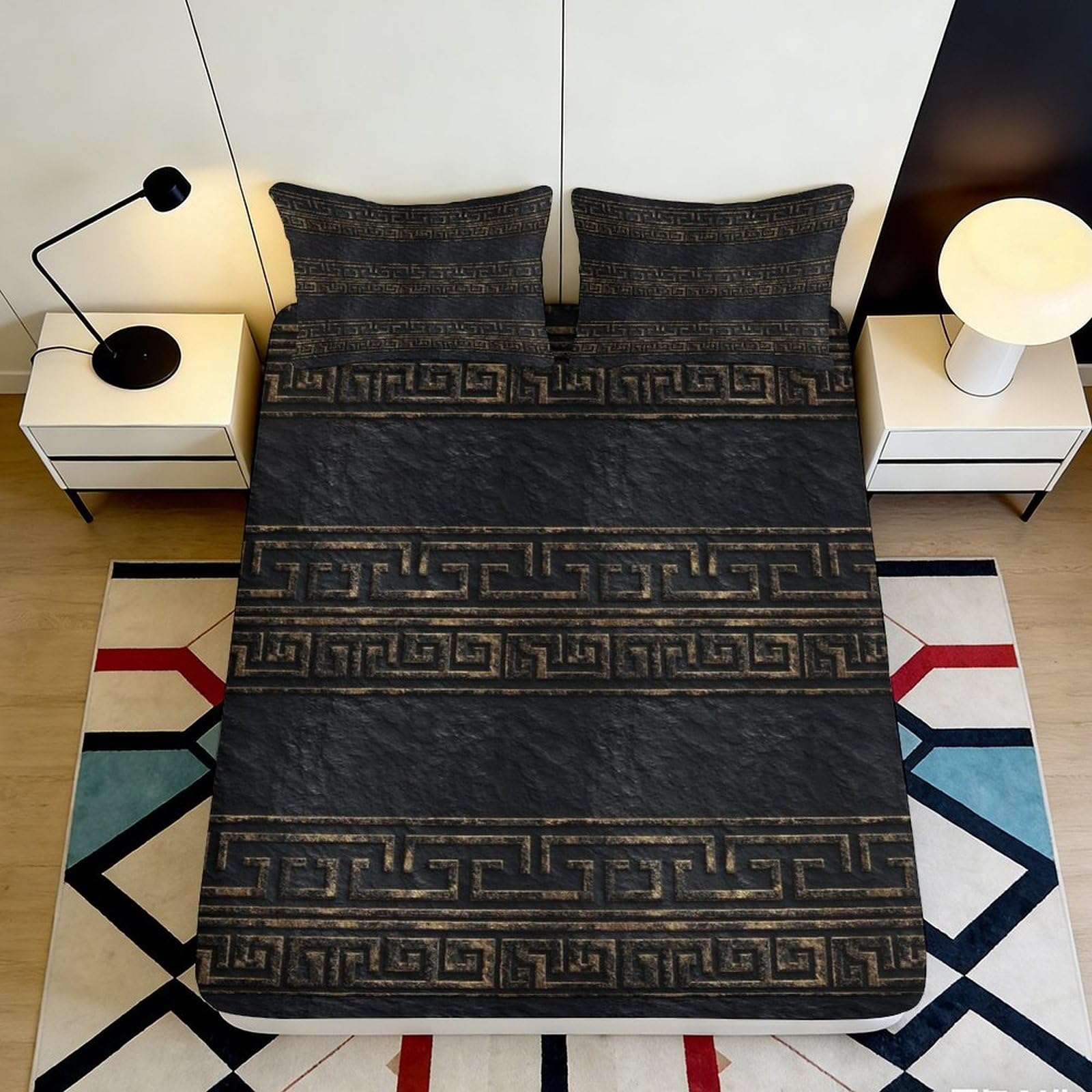 3D Printed Geometric Black Gold Fitted Sheet Microfiber Soft Modern Greek Pattern Mattress Cover for Bedroom Dorm Decor 90x200x25cm
