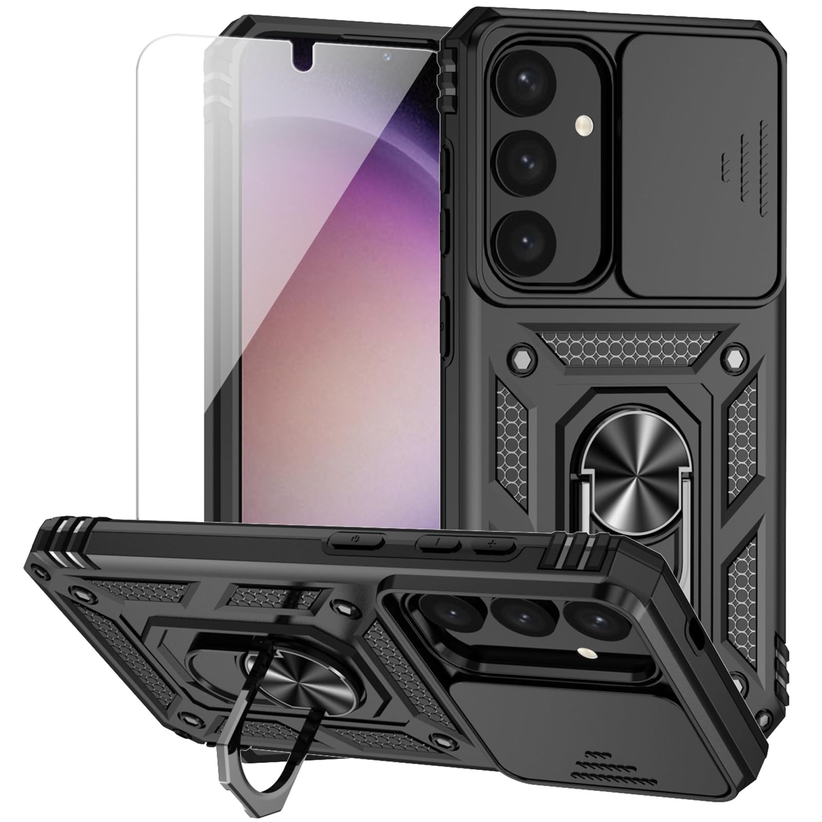 for Samsung Galaxy S24 Case with Camera Lens Cover HD Screen Protector, Dual Layer Military-Grade Drop Tested Magnetic Ring Holder Kickstand