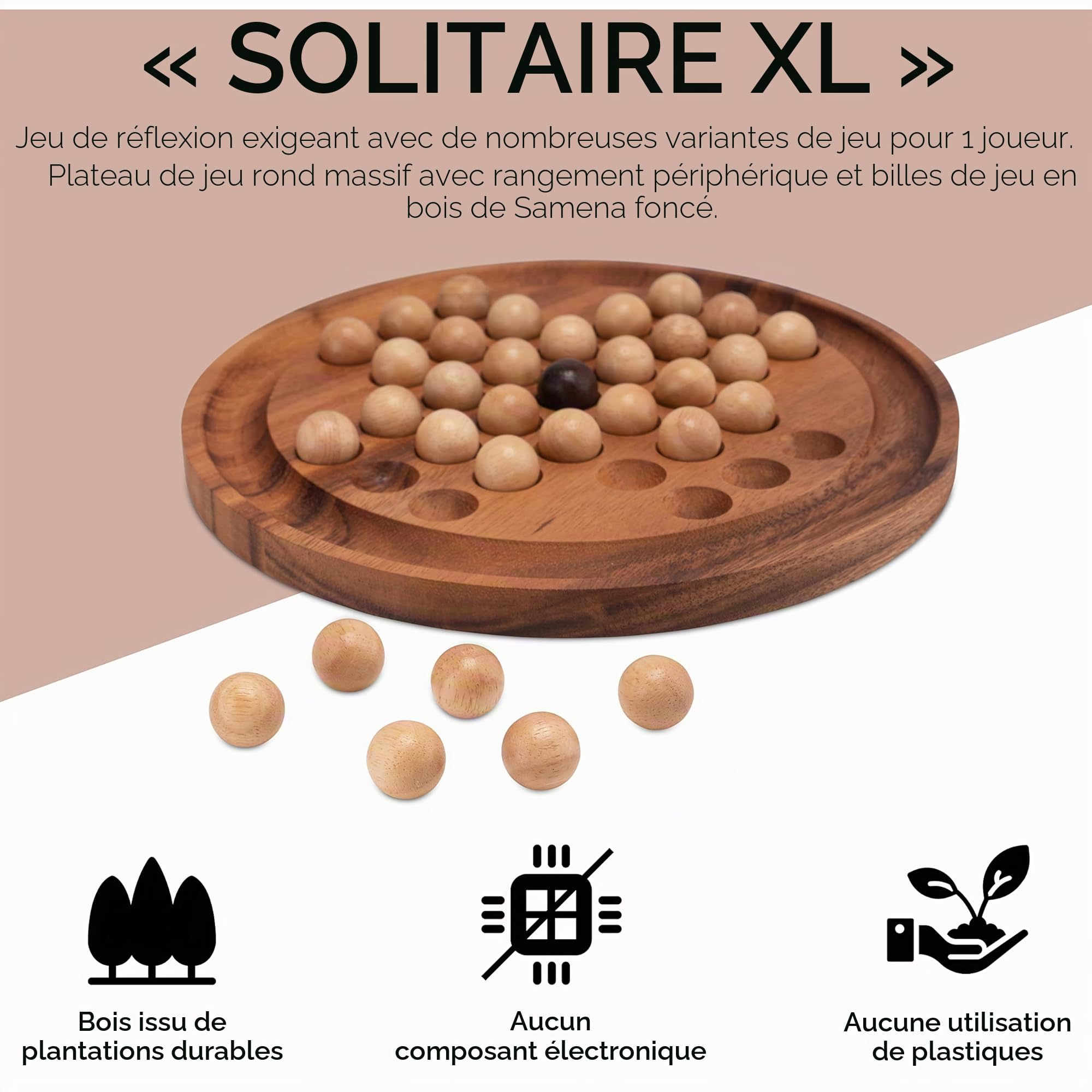 LOGOPLAY Solitaire - Taille XL - Rond avec boules - Diamètre : 26 cm - Solitaire - Jeu de réflexion - patience - Jeu de logique en bois de graines