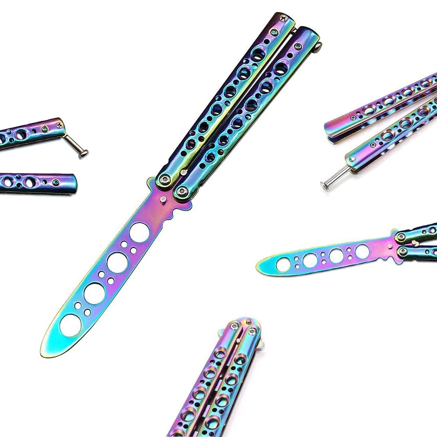 MAKIE Cuchillo de Mariposa Entrenamiento Metal Desafilado Arcoíris Plegable